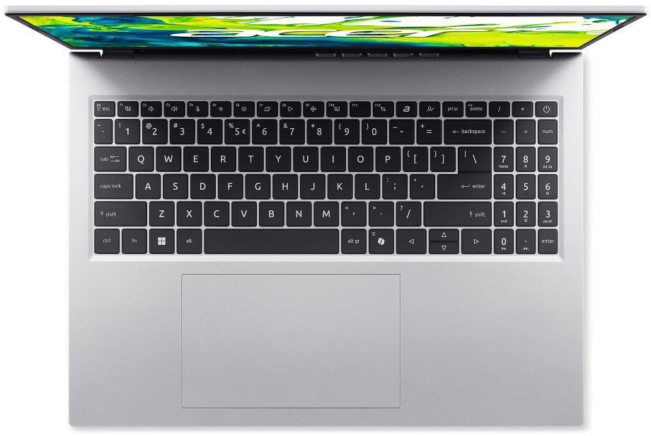 Ezüst laptop felülnézetből, nyitott képernyő színes mintával. Látható billentyűzet.