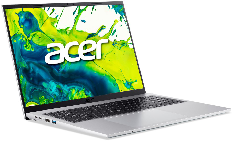 Ezüst laptop Acer logóval a képernyőn, színes fröccsenéseket mutatva.
