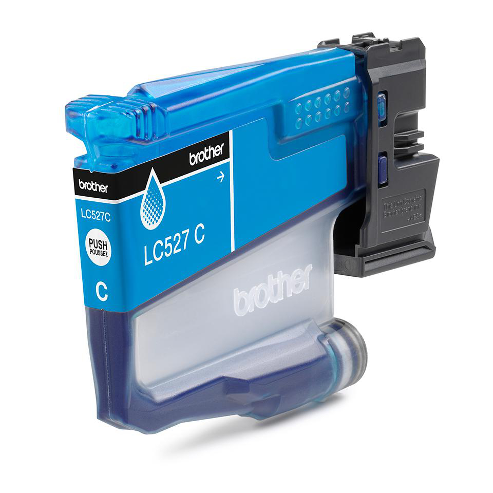 Eine blaue Brother LC527 C Tintenpatrone mit schwarzem Anschlussstück.
