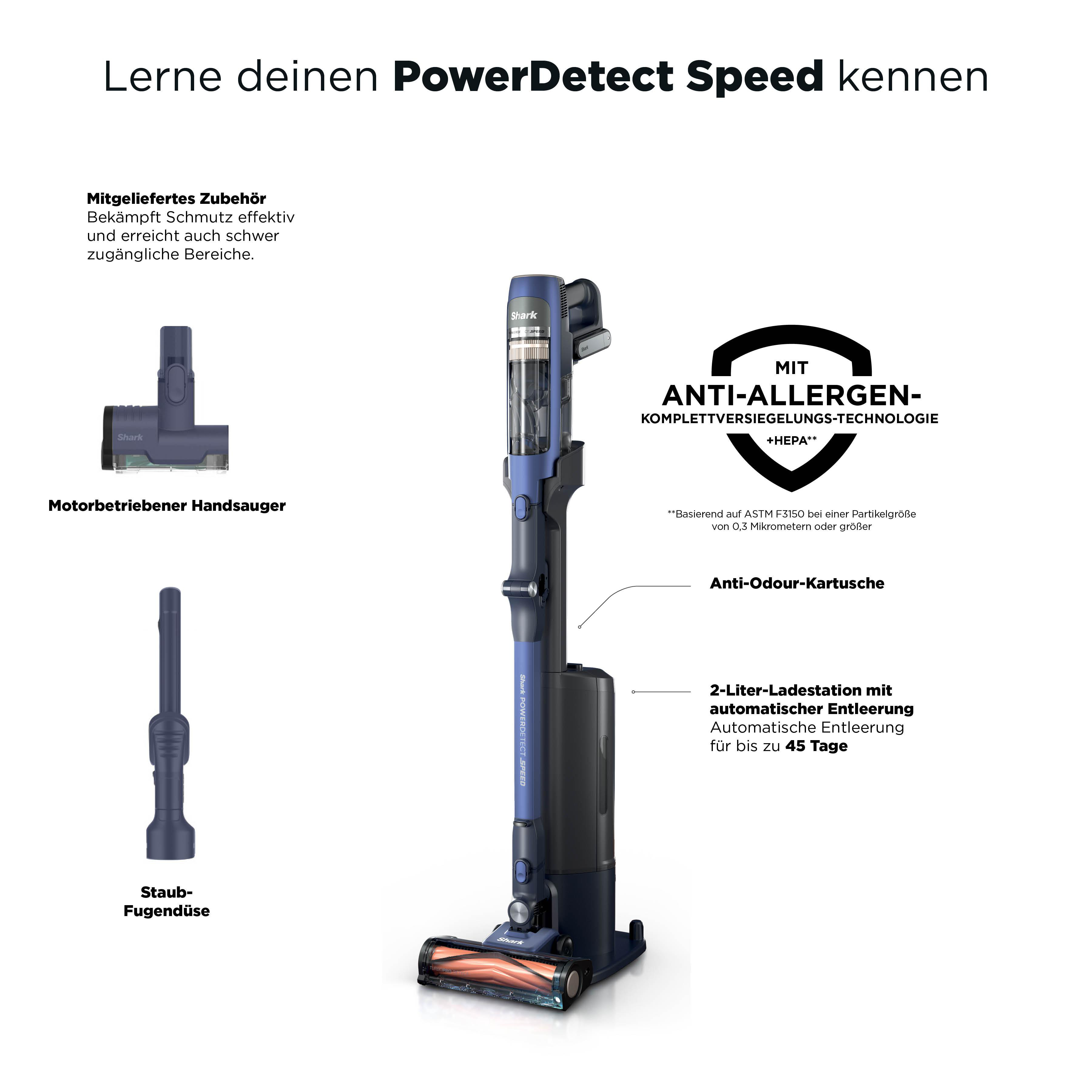 Ein blauer Shark PowerDetect Speed Staubsauger mit Zubehör und Ladestation.
