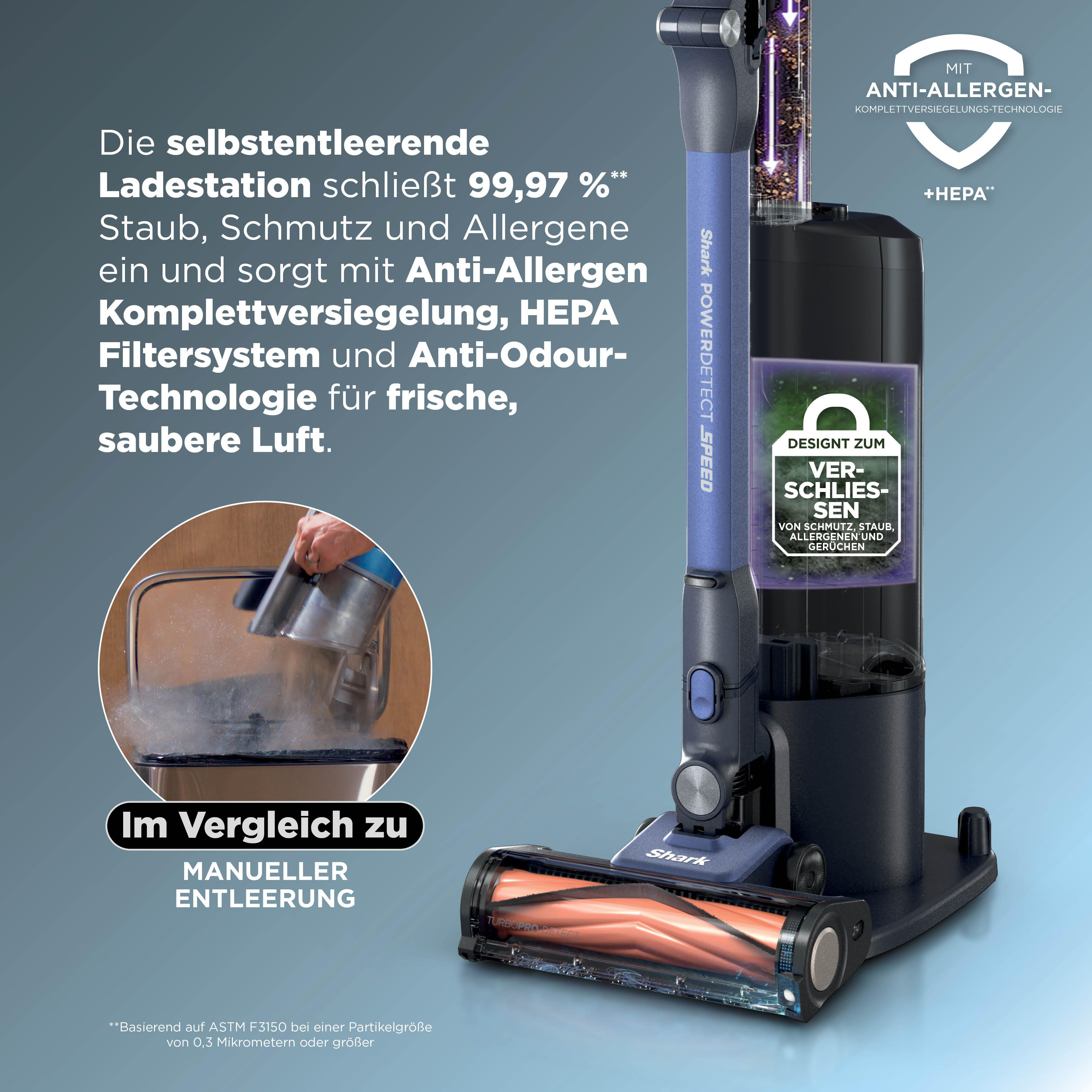 Ein Shark Staubsauger mit Ladestation, die 99,97% Staub, Schmutz und Allergene einschließt.