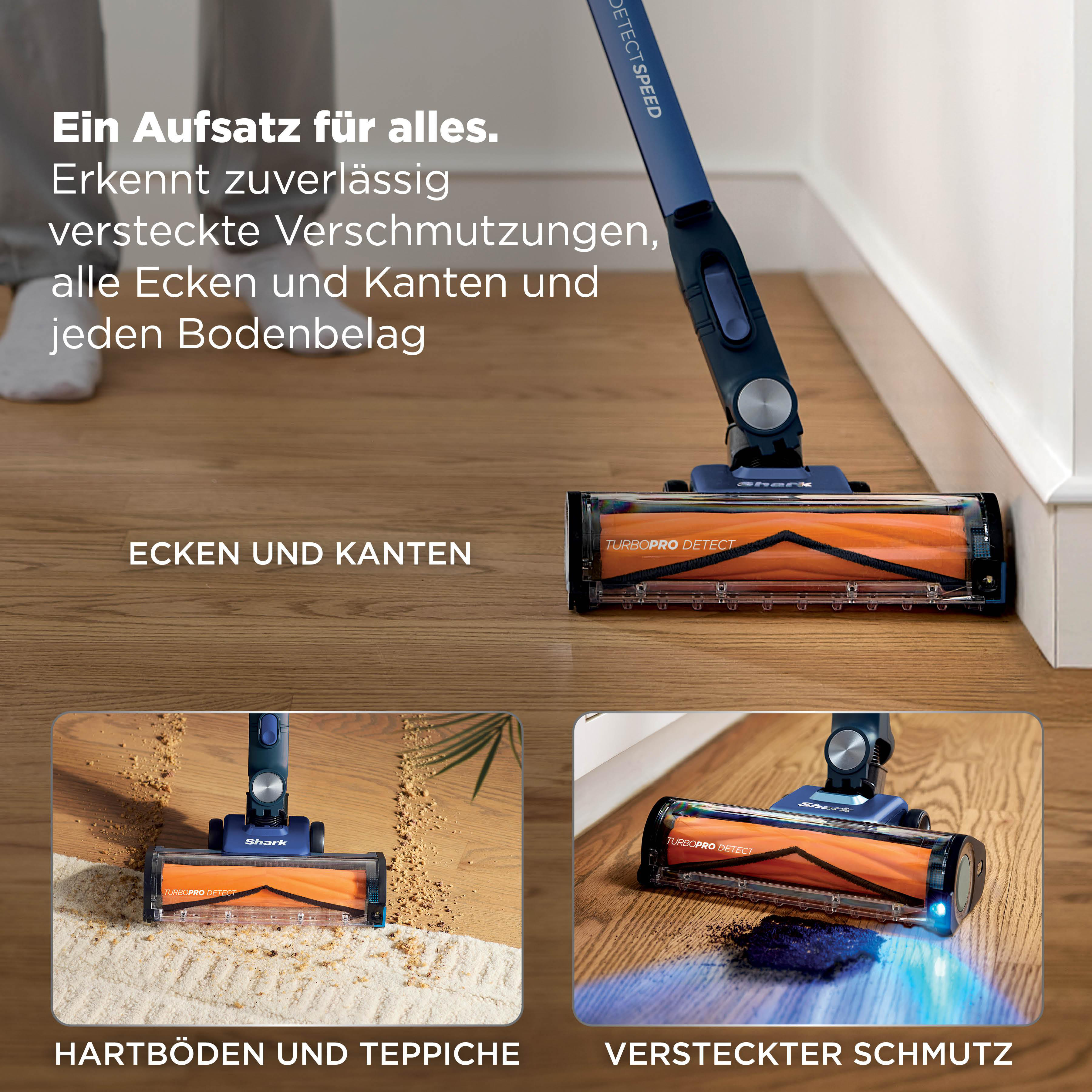 Ein blauer Staubsauger reinigt verschiedene Oberflächen wie Ecken, Teppiche und Holz.
