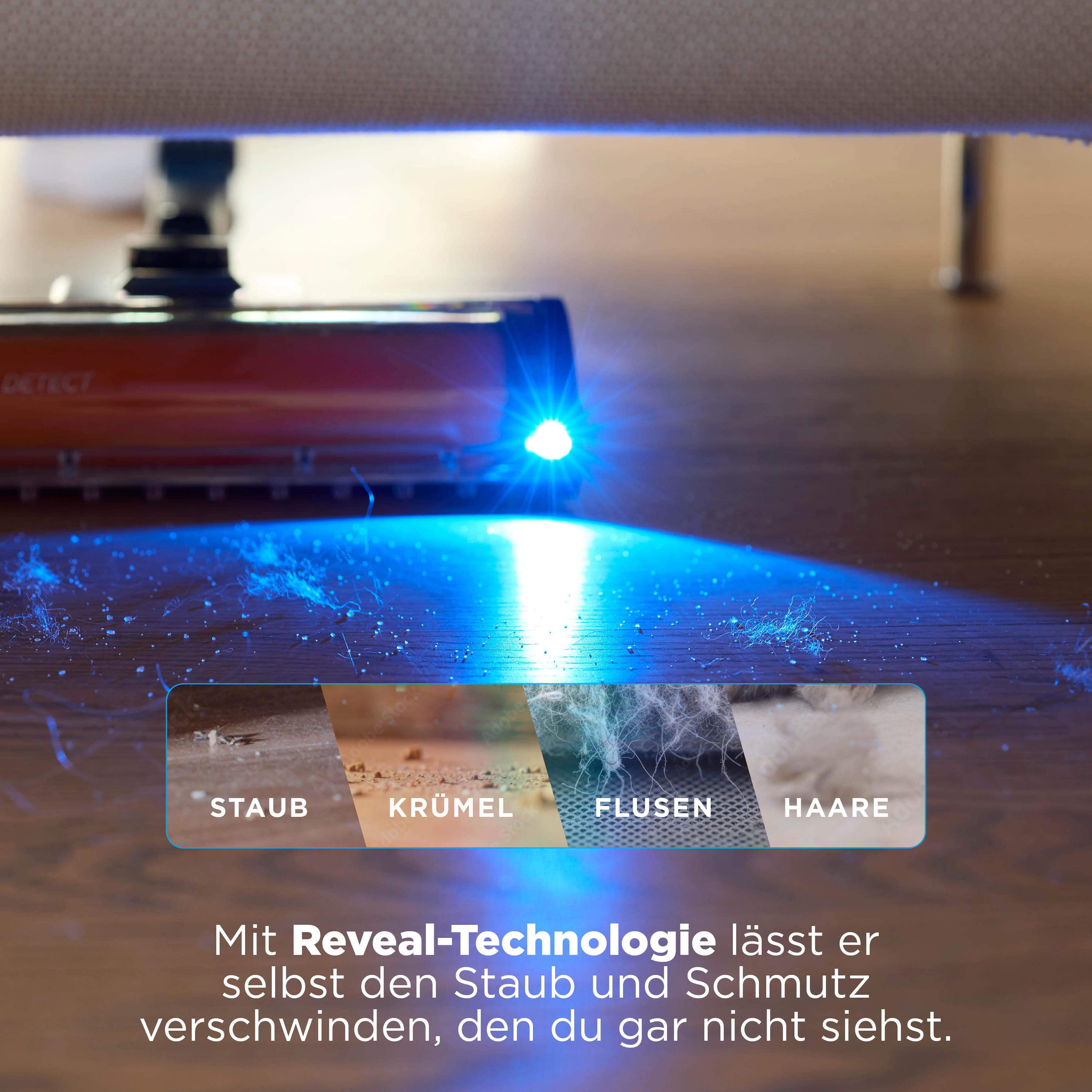 Ein Staubsaugeraufsatz mit blauem Licht beleuchtet Staub, Krümel, Flusen und Haare.