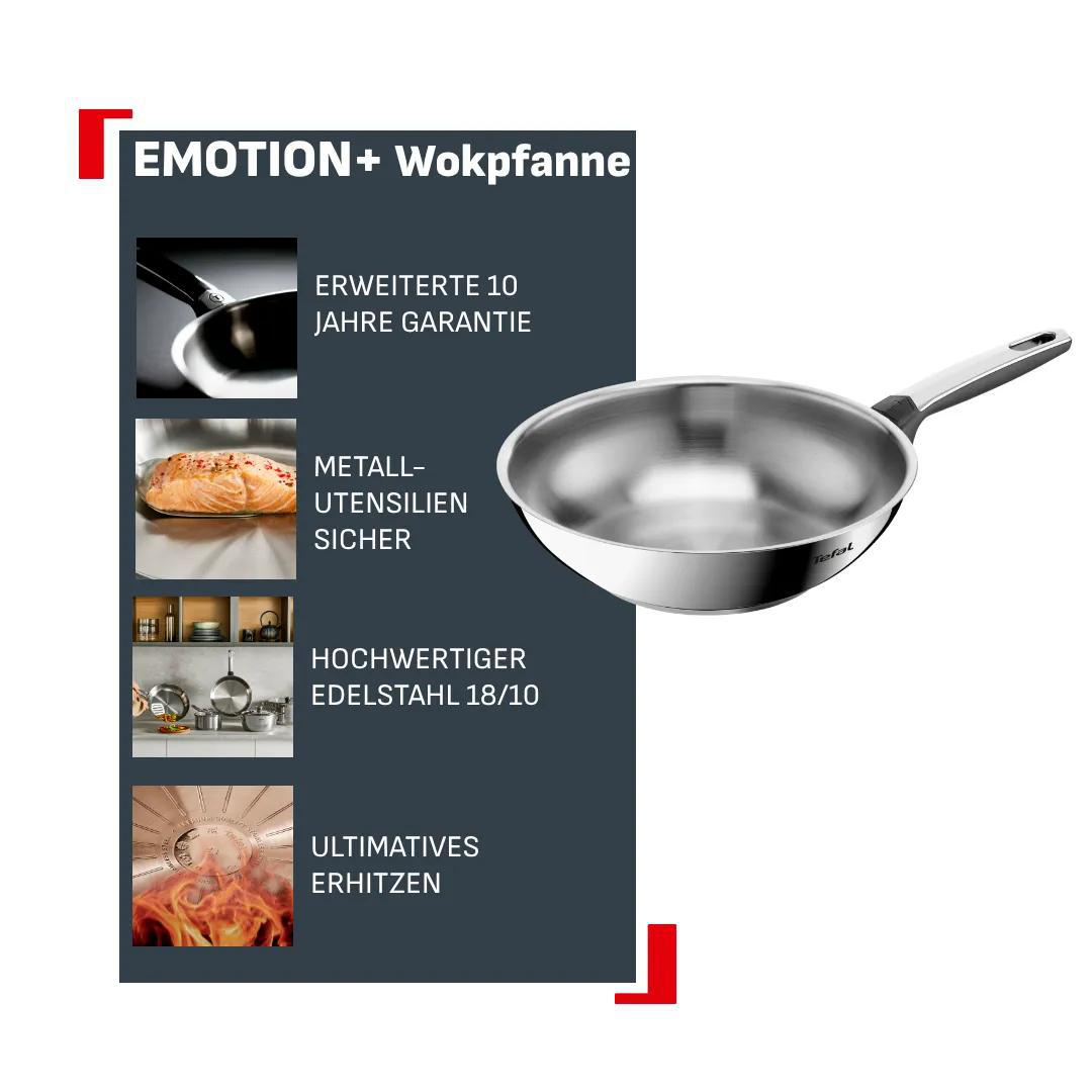 Edelstahl-Wokpfanne mit Griff, Details: 10 Jahre Garantie, metallutensiliensicher, 18/10 Edelstahl.