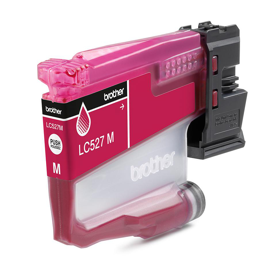 Ein pinker Brother LC527M Tintenstrahl-Tintenpatrone auf weißem Hintergrund.