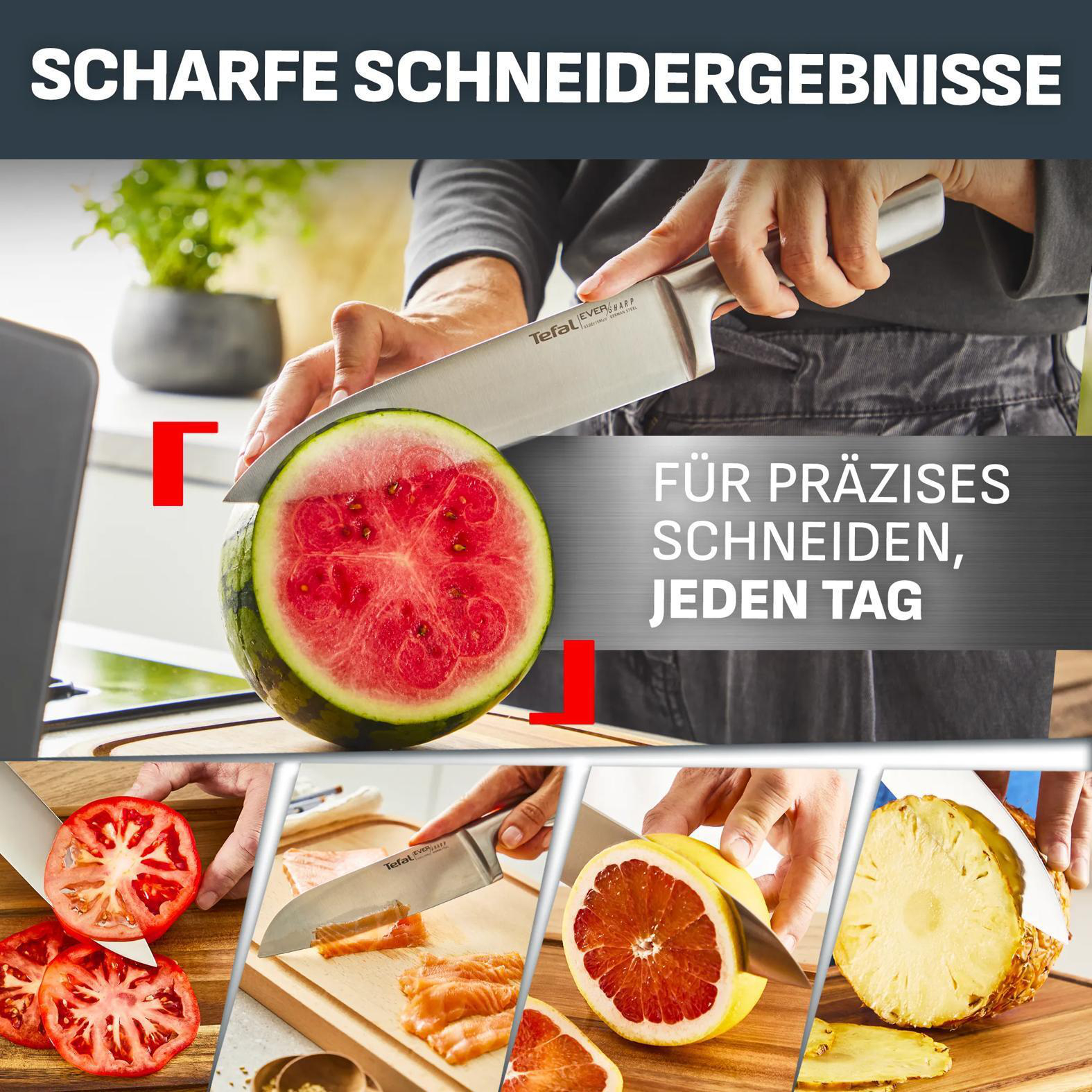 Messer schneiden Wassermelone, Tomaten, Lachs, Grapefruit & Ananas.