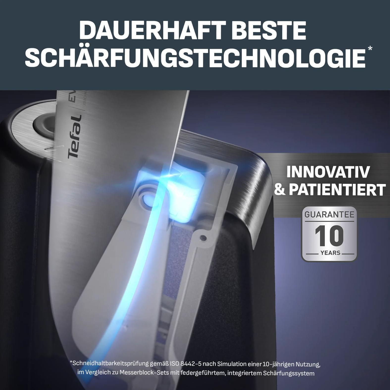Nahaufnahme eines Messers, das durch ein Schärfgerät mit blauem Licht gleitet.
