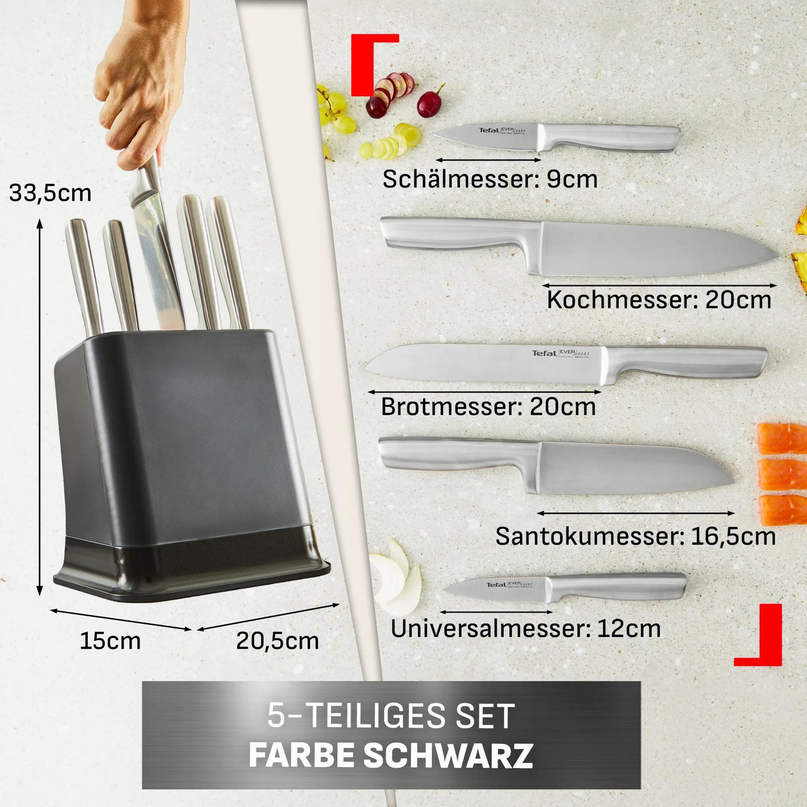 Ein schwarzer Messerblock mit fünf Tefal Messern und Größenangaben.