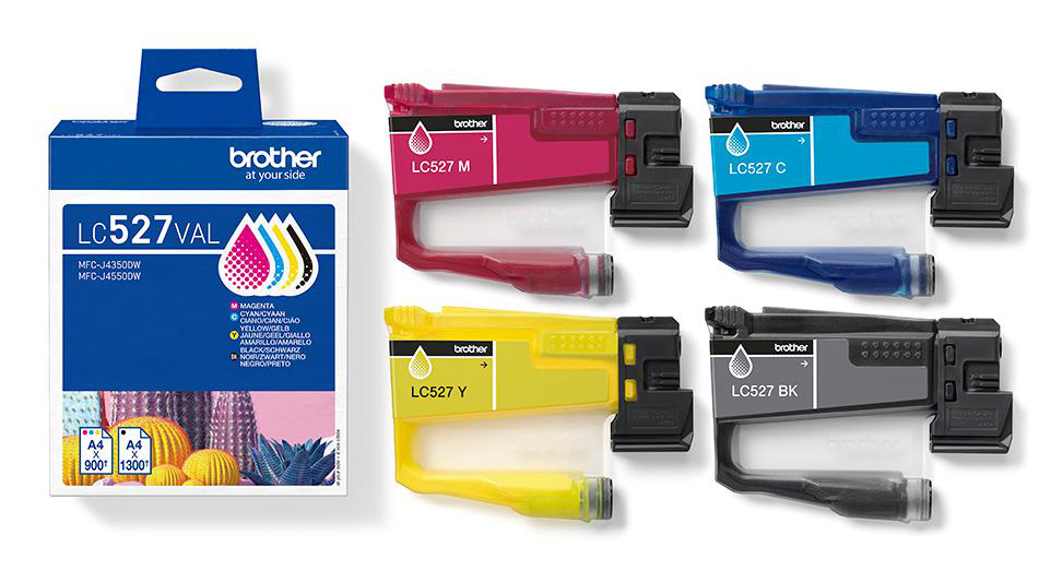 Brother LC527 Tintenpatronen: Magenta, Cyan, Gelb und Schwarz.