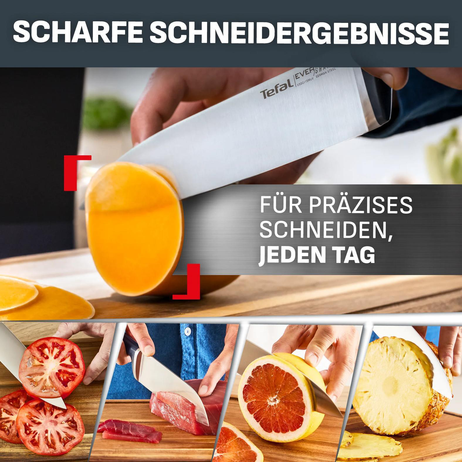 Ein Messer schneidet eine orangefarbene Frucht; unten sind Tomaten, Thunfisch, Grapefruit und Ananas.