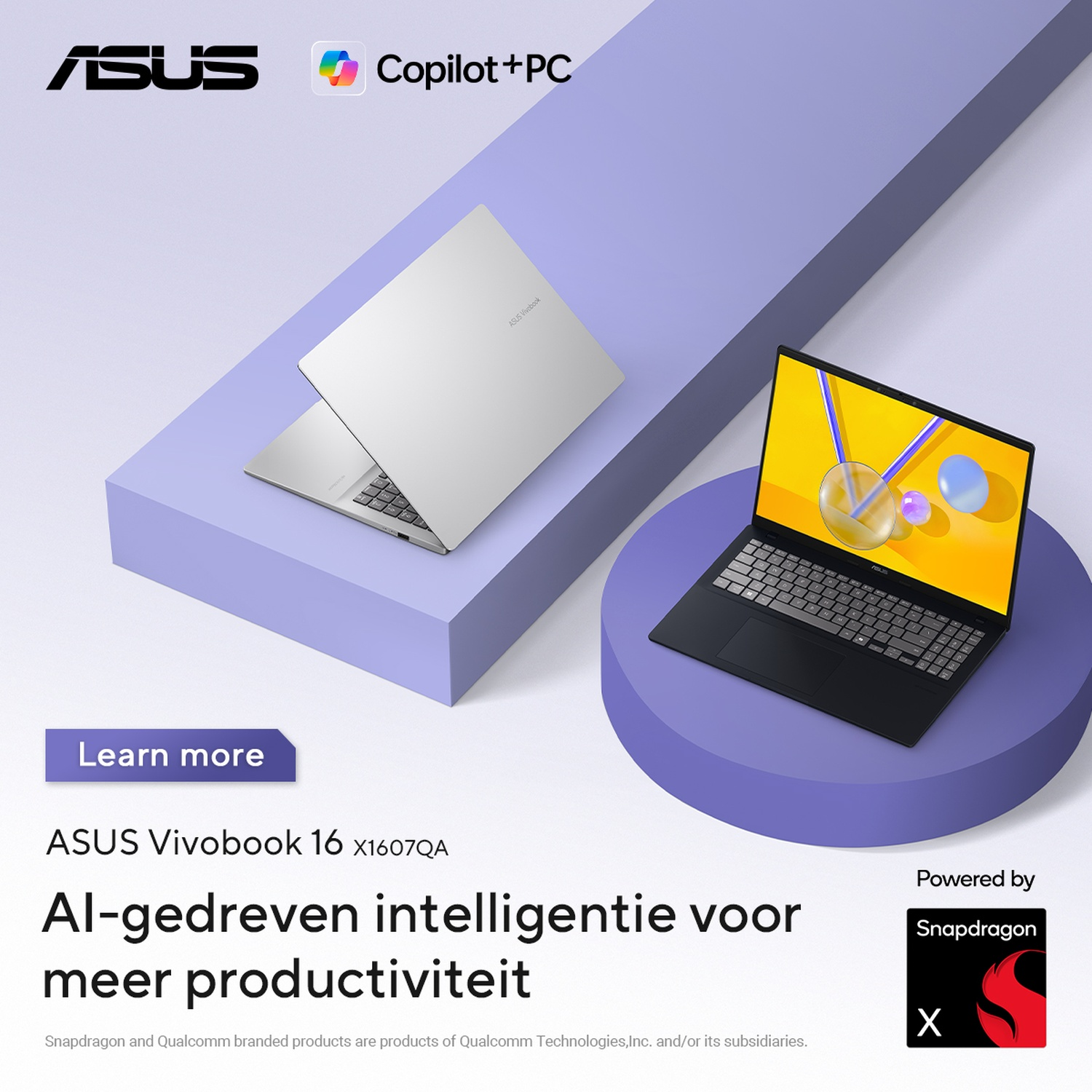Two ASUS laptops on purple stands, one silver, one black with a yellow screen.