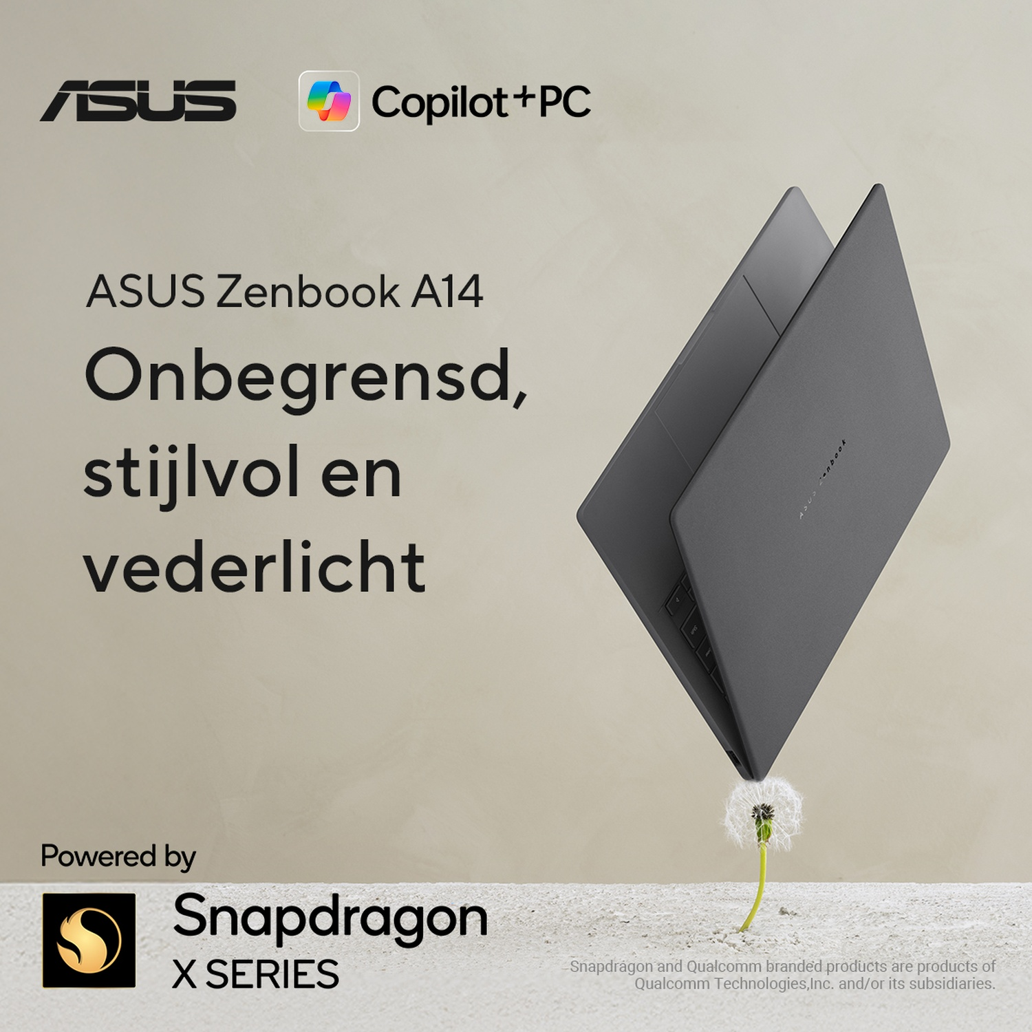 Ordinateur portable ASUS Zenbook A14 avec logo Snapdragon X Series et pissenlit.