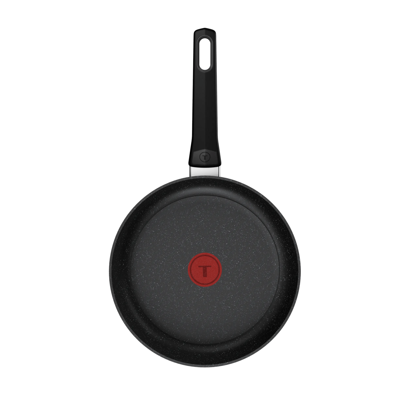 Eine schwarze Pfanne mit einem roten Thermospot und einem schwarzen Griff.