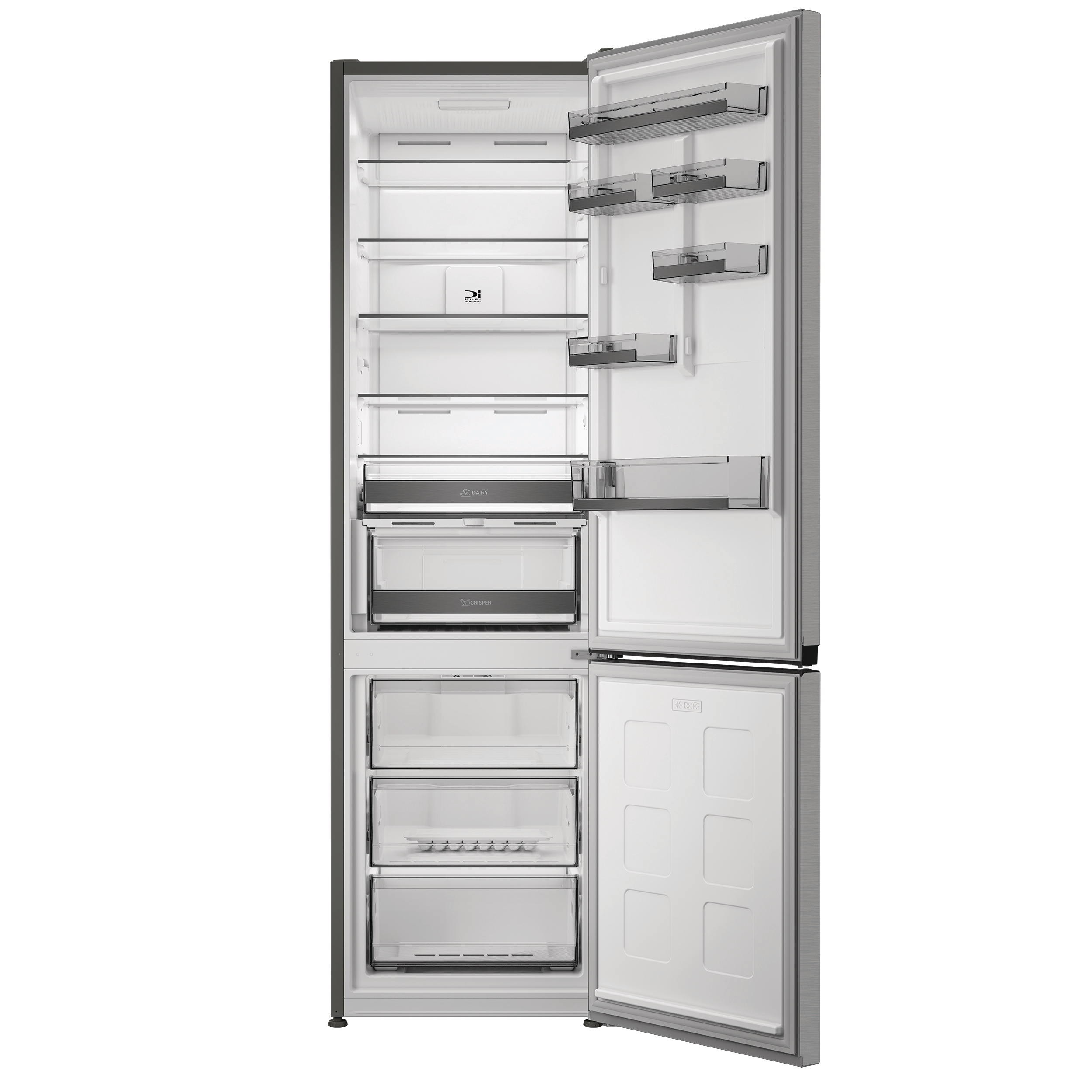 Ein offener Kühlschrank mit mehreren Regalen, Schubladen und Türfächern.