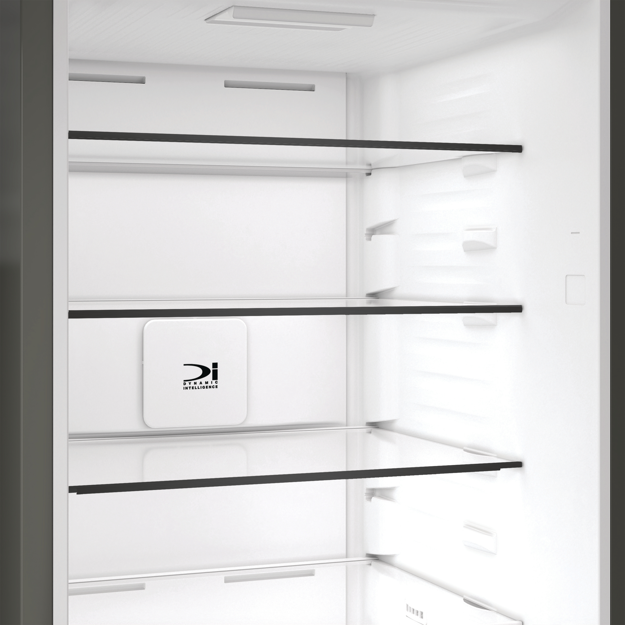 Ein leerer Kühlschrank mit Glasböden und einer "Dynamic Intelligence"-Box.