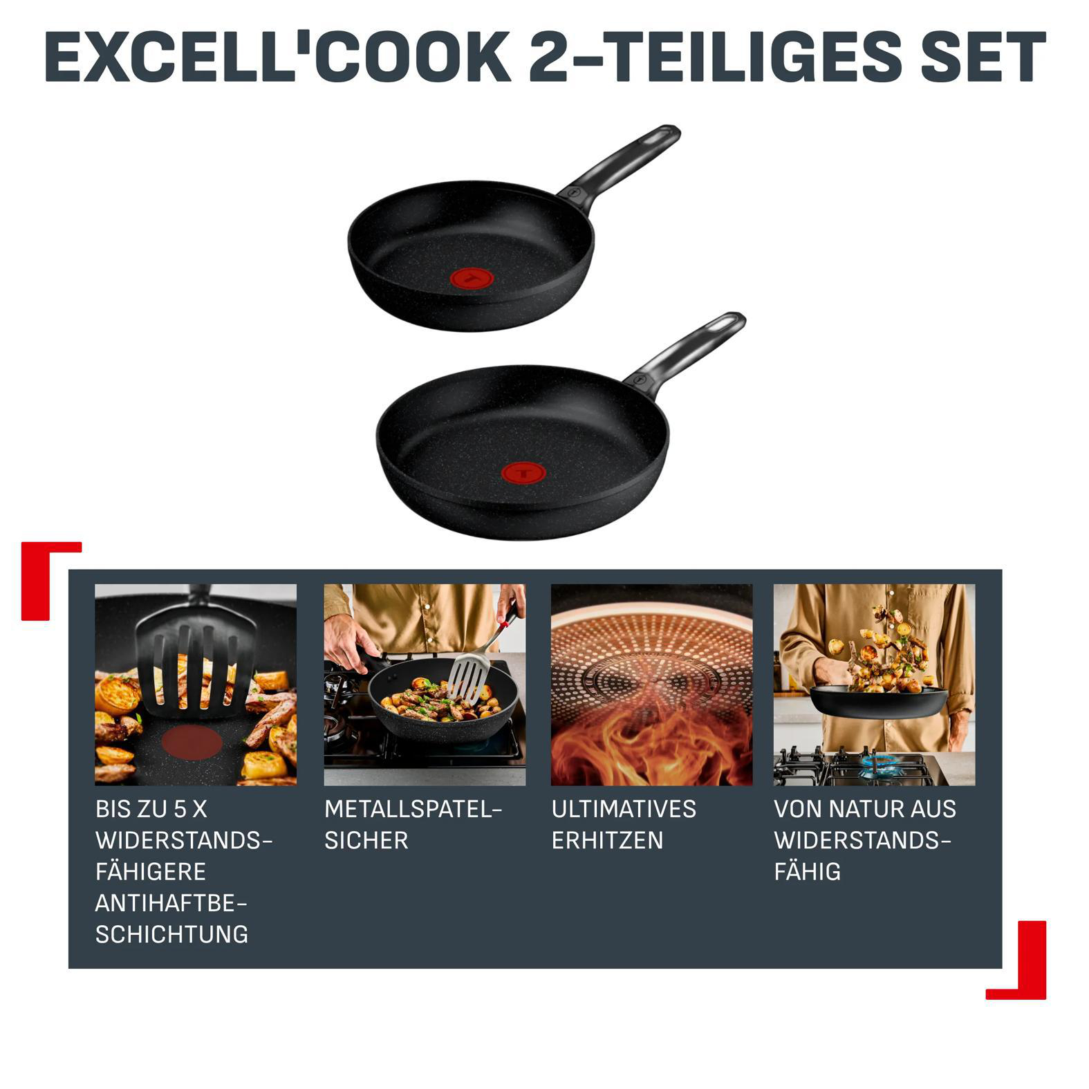 Zwei Excell'Cook Pfannen, mit Detailbildern von Kochen und Material.