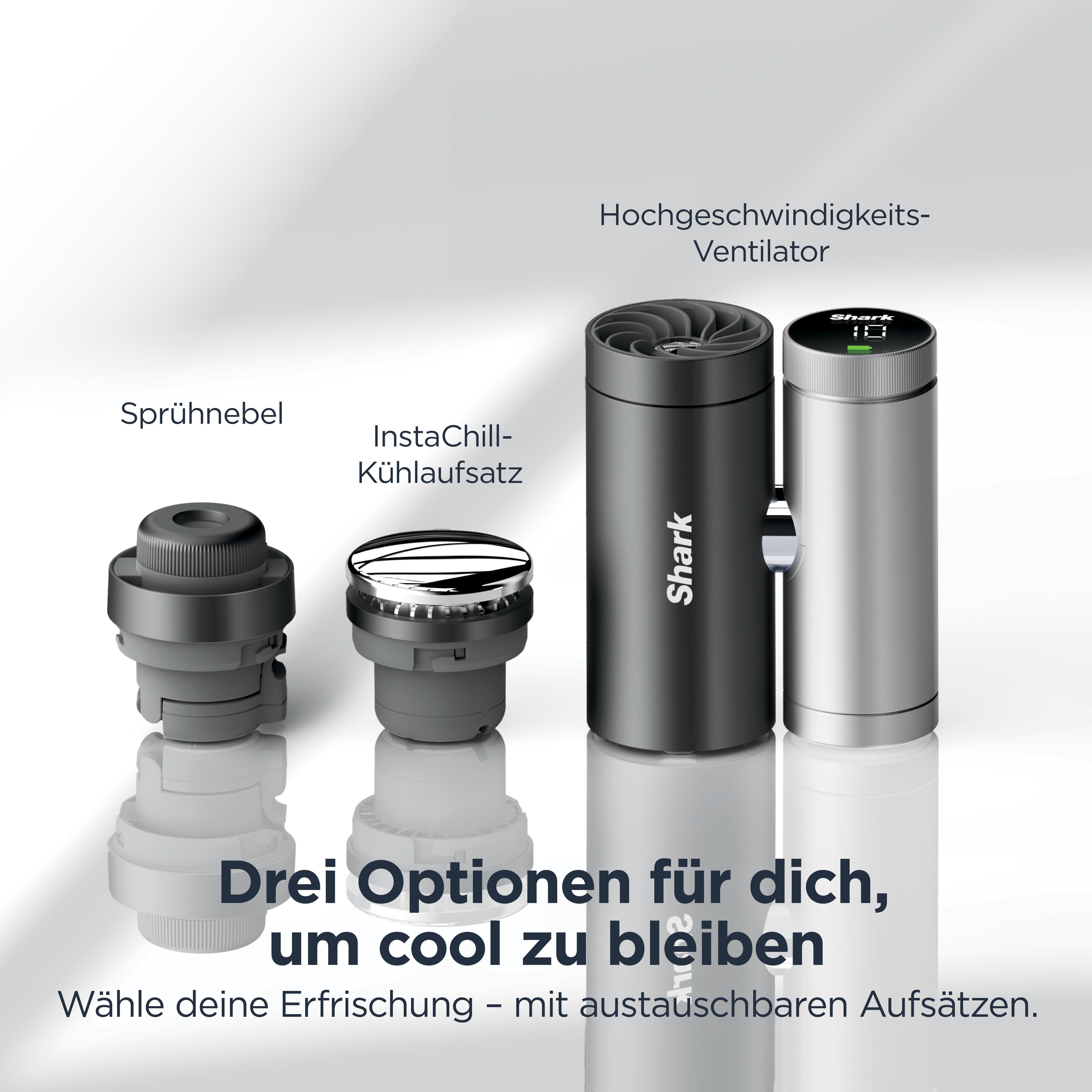 Drei Shark-Aufsätze: Sprühnebel, Kühlaufsatz und Ventilator.