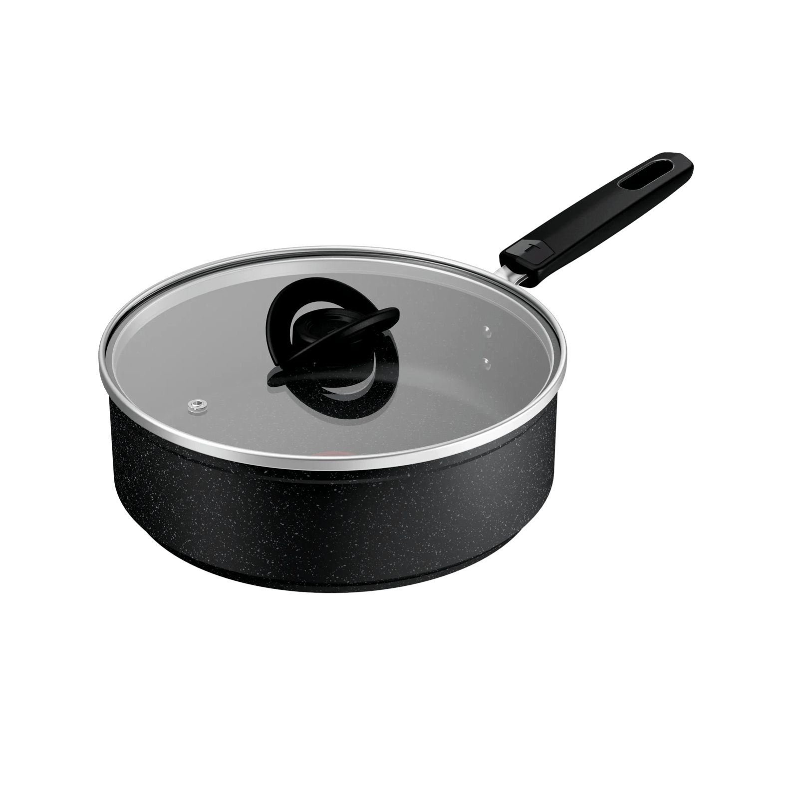 Schwarze Pfanne mit Glasdeckel und schwarzem Griff, auf grünem Hintergrund.