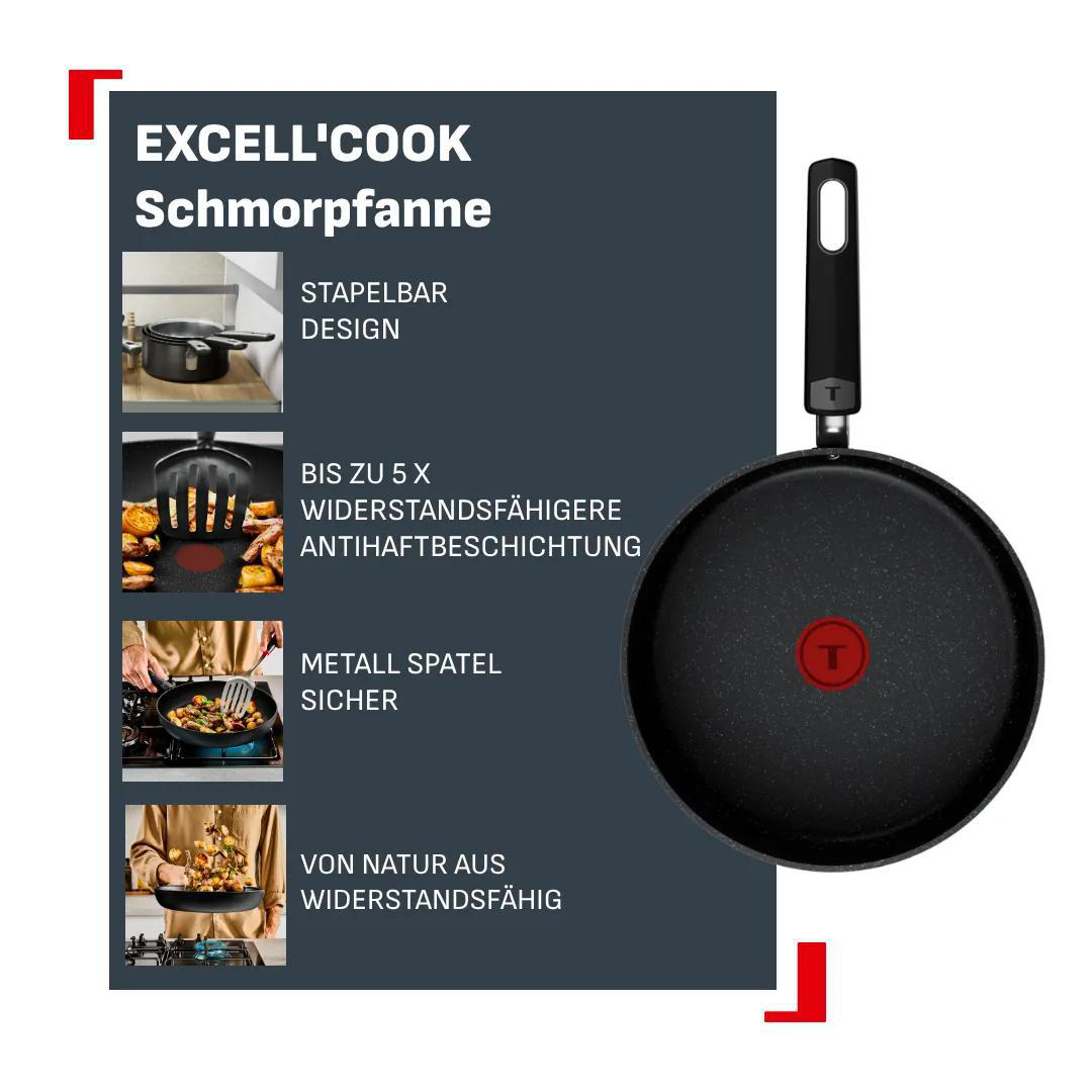 Excell'Cook Schmorpfanne mit Stapeldesign, kratzfester Beschichtung und Metallspatel-Sicherheit.