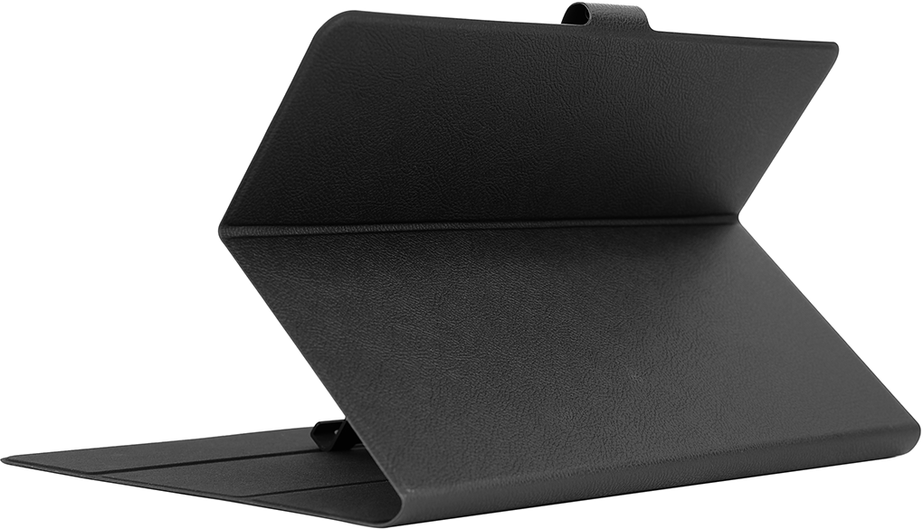 Egy fekete, kinyitott műbőr tablet tartó klipekkel.
