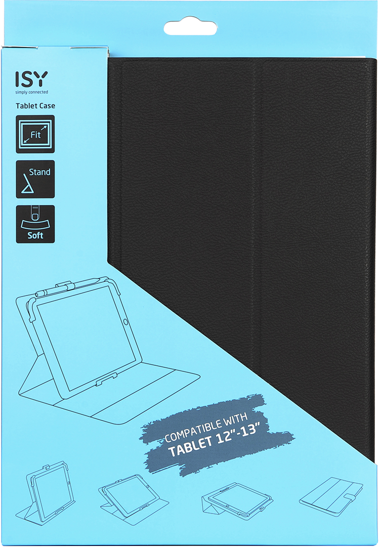 Fekete tablettok világoskék csomagoláson, bemutatva az illeszkedést, állványt és puha funkciókat, 12"-13"-os tabletekkel kompatibilis.