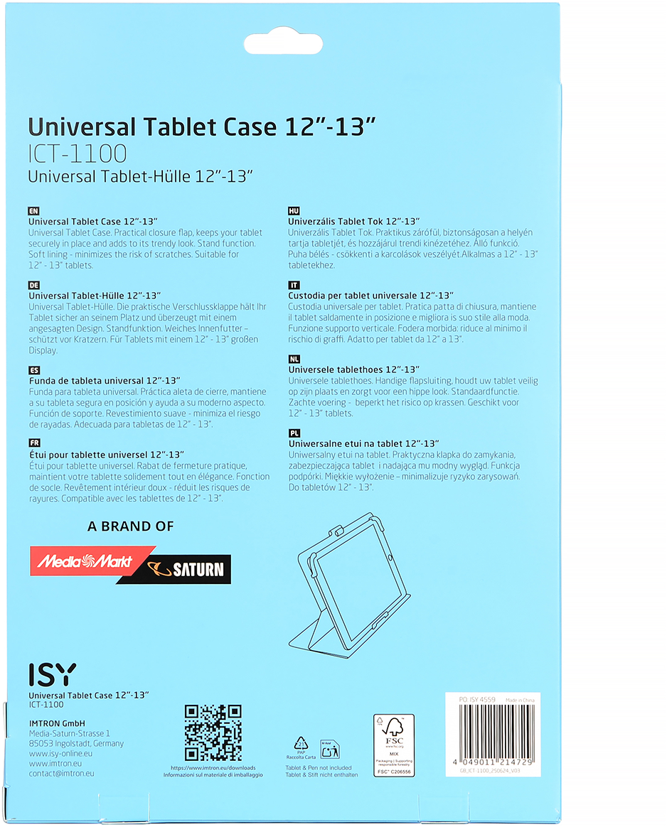 Világoskék csomagolás egy univerzális tablettokhoz, többnyelvű szöveges leírásokkal és a tok illusztrációjával.
