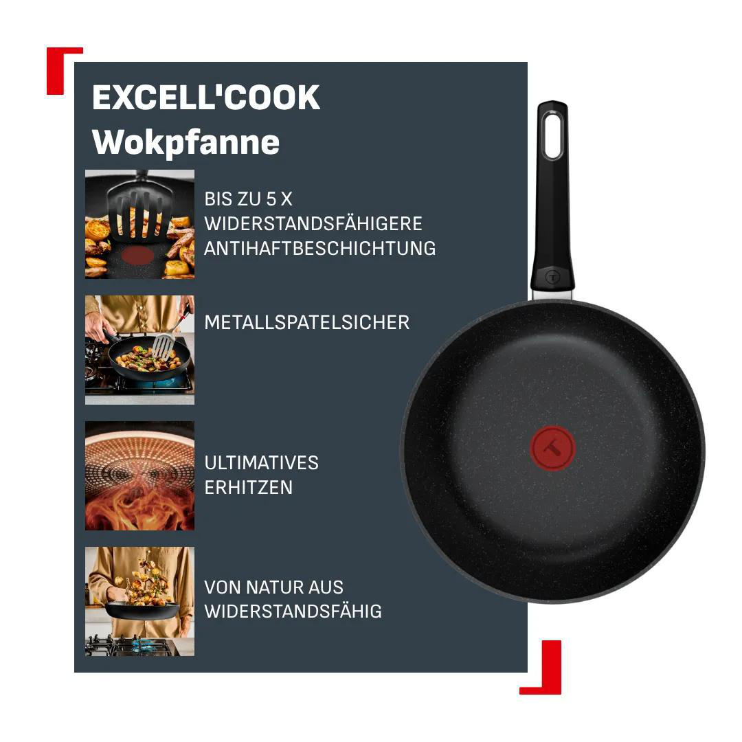 Excell'Cook Wokpfanne mit Antihaftbeschichtung und Kochutensilien-Bildern.
