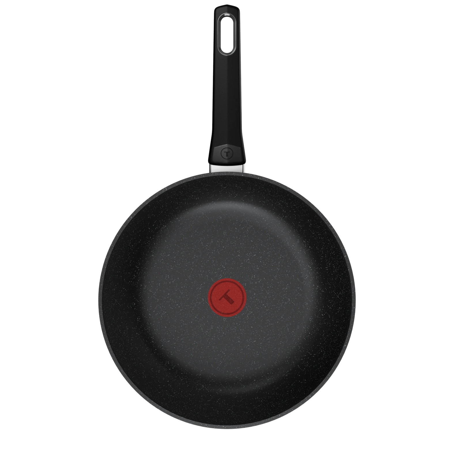 Eine schwarze Bratpfanne mit grauem Griff und rotem Thermosignal-Logo.