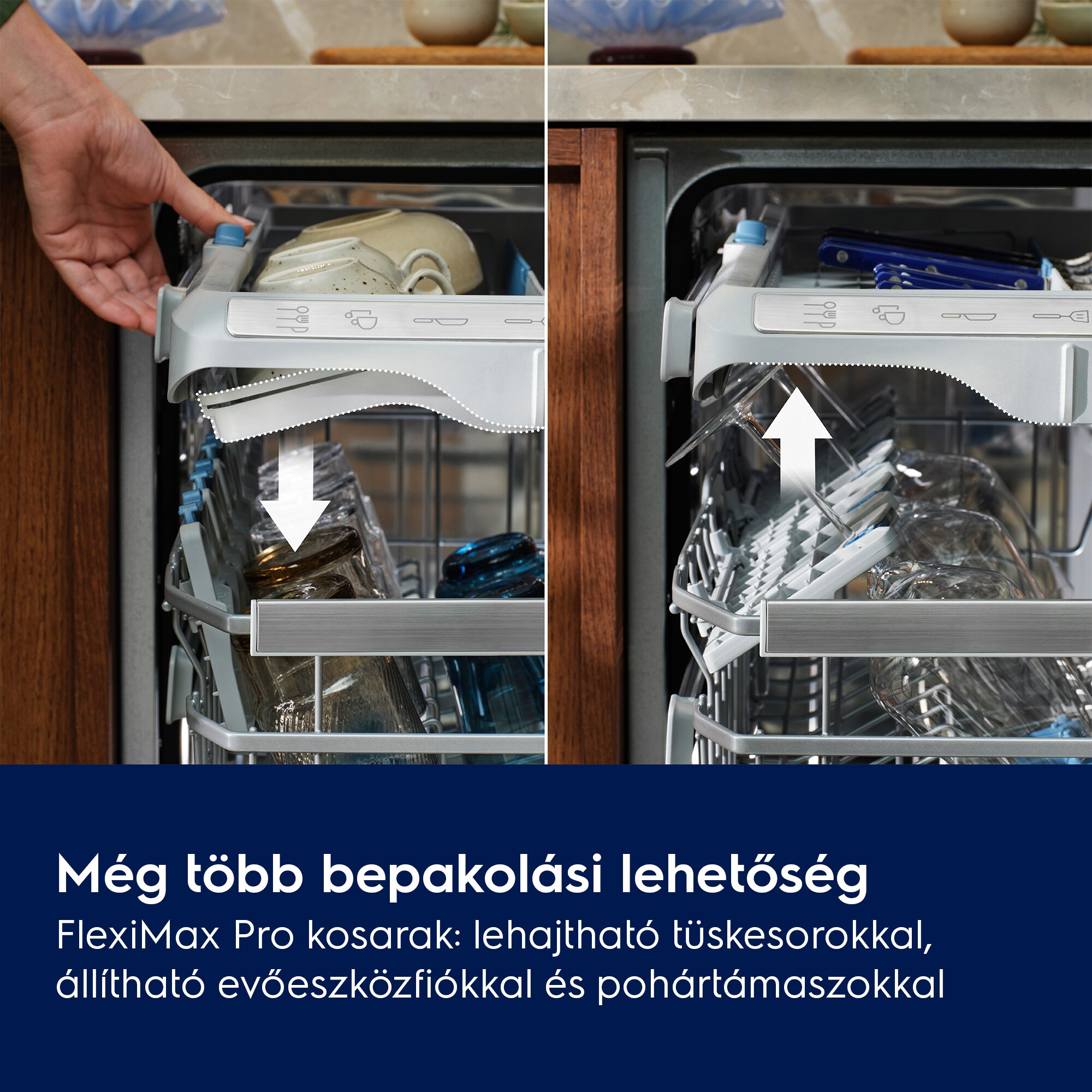 Mosogatógép kosár lehajtható tüskékkel és állítható evőeszköz tartóval. Max. kapacitás.