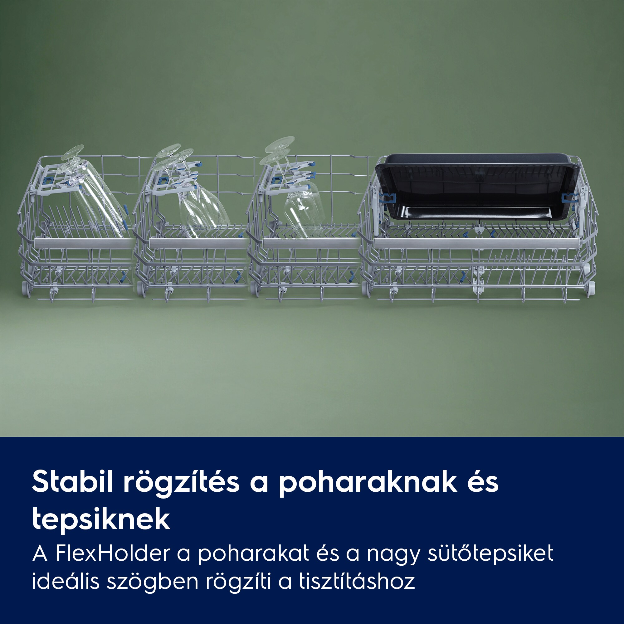 Mosogatógép kosár poharakkal és tepsi, zöld háttérrel.