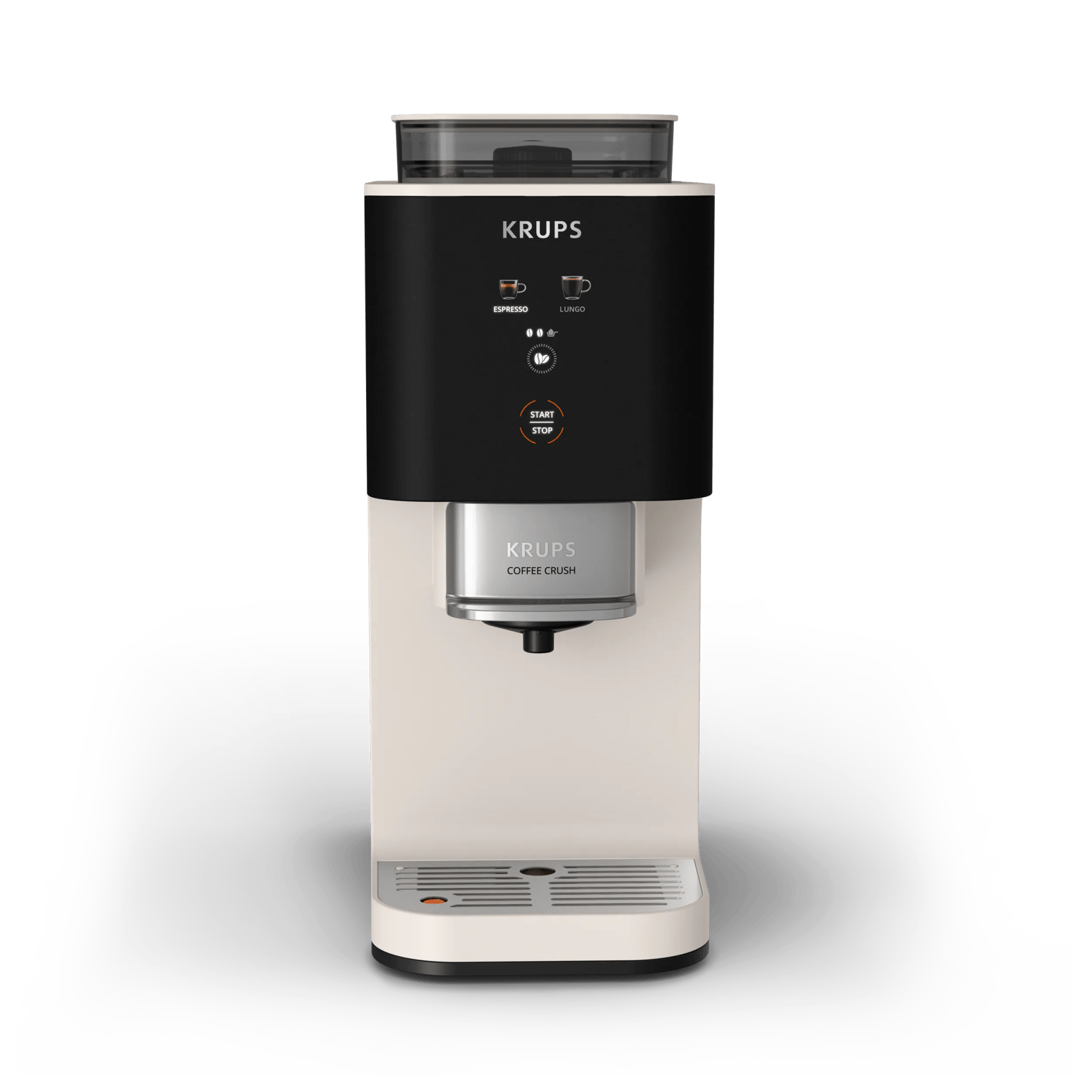 Eine weiße Krups Kaffeemaschine mit schwarzem Element und silbernem Tropfbehälter.