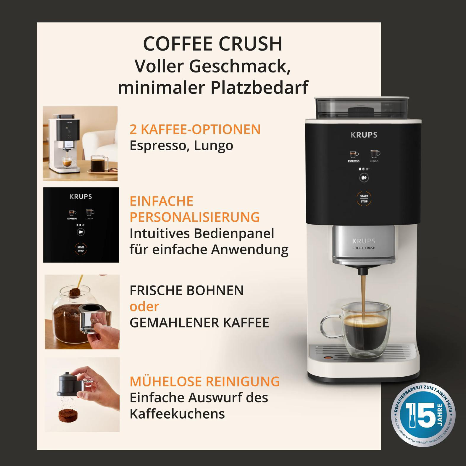 Krups Kaffeemaschine mit Espresso in Tasse, mit Textanzeige und Bildern.