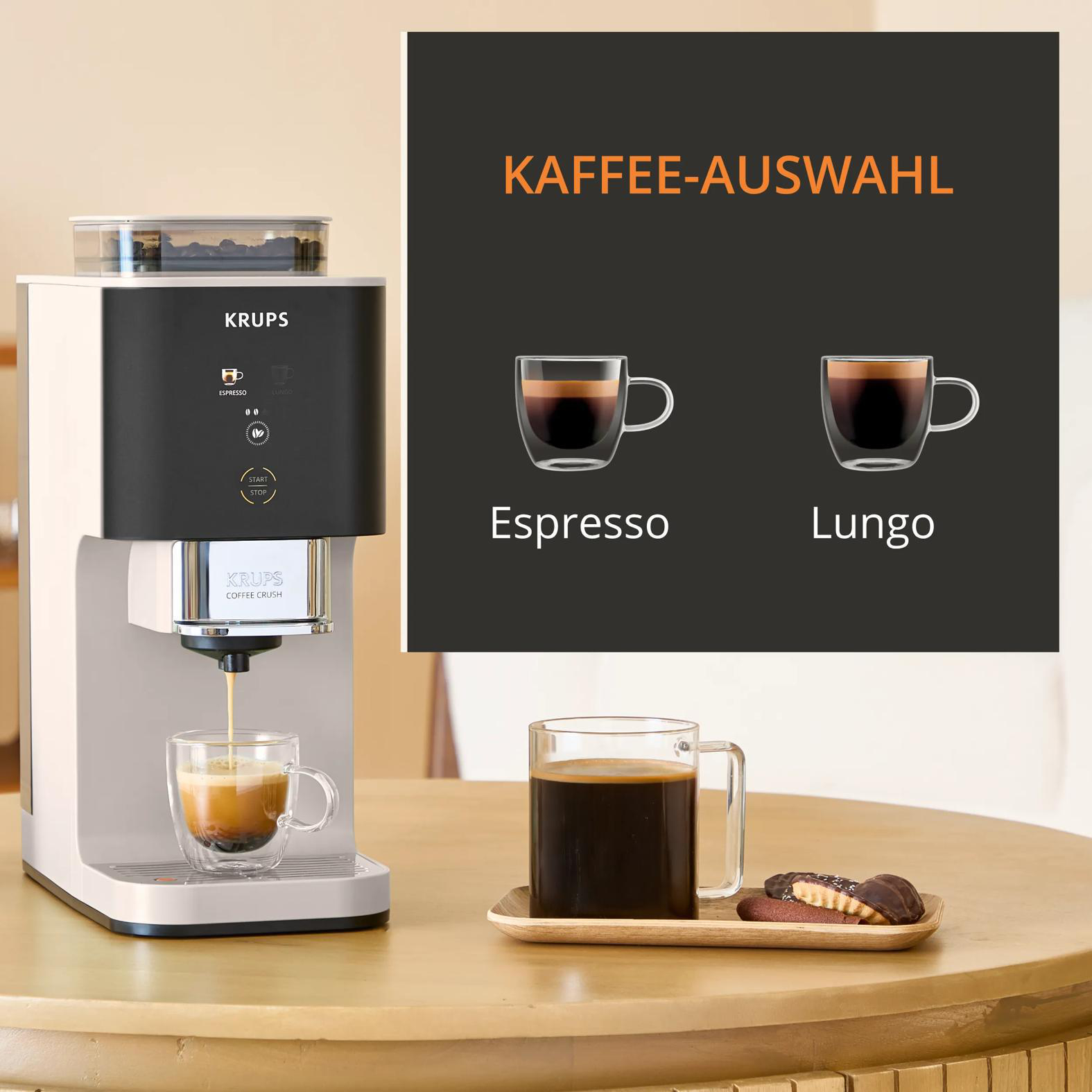 Krups Kaffeemaschine brüht Espresso in eine Glas-Tasse. Kaffe-Auswahl mit Espresso und Lungo.
