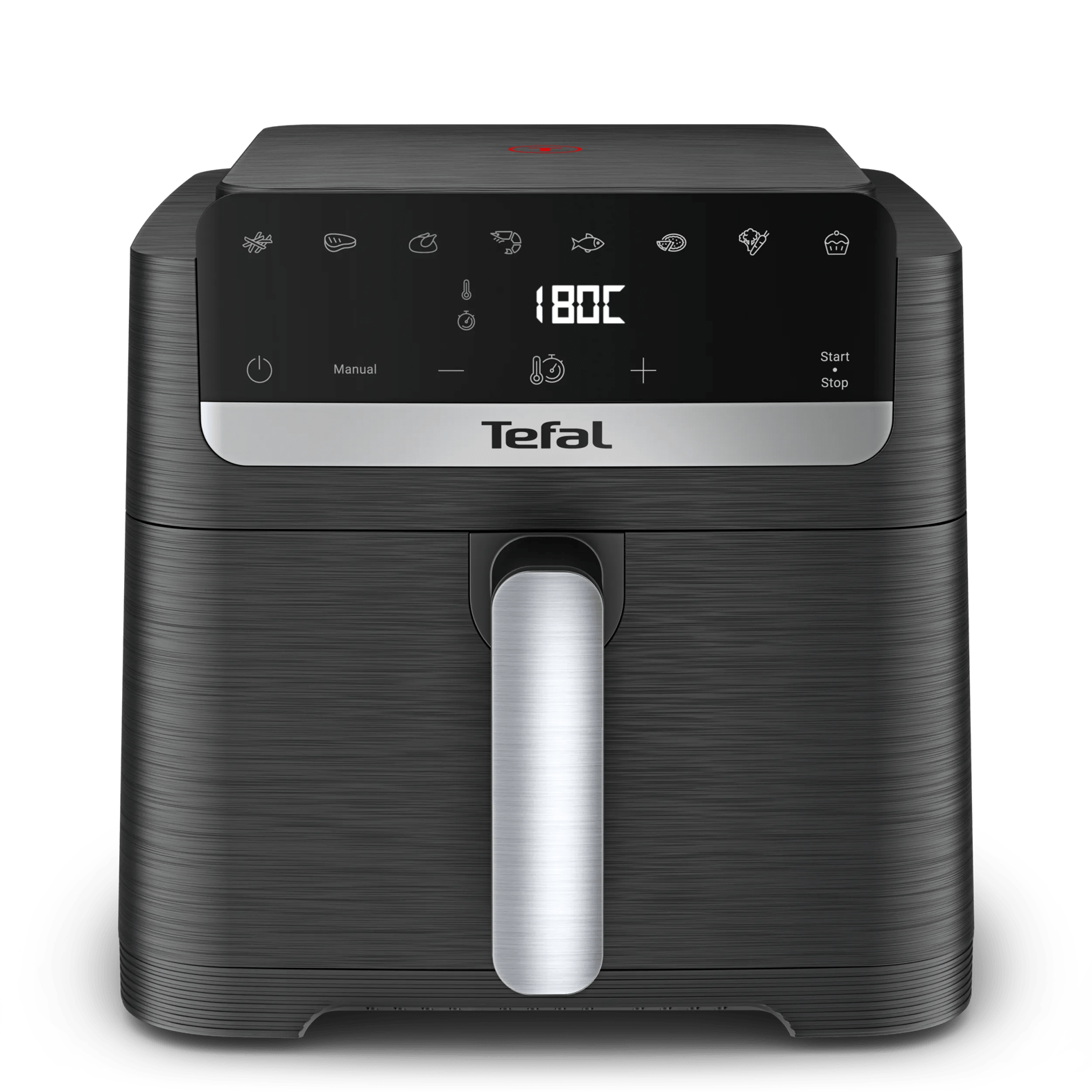 Dunkelgrauer Tefal Heißluftfritteuse mit silbernem Griff und digitaler Anzeige.