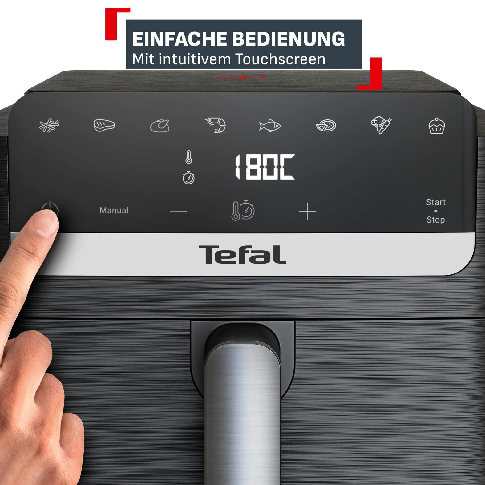 Ein Finger drückt auf den Ein-/Ausschalter eines Tefal-Geräts mit Touchscreen.