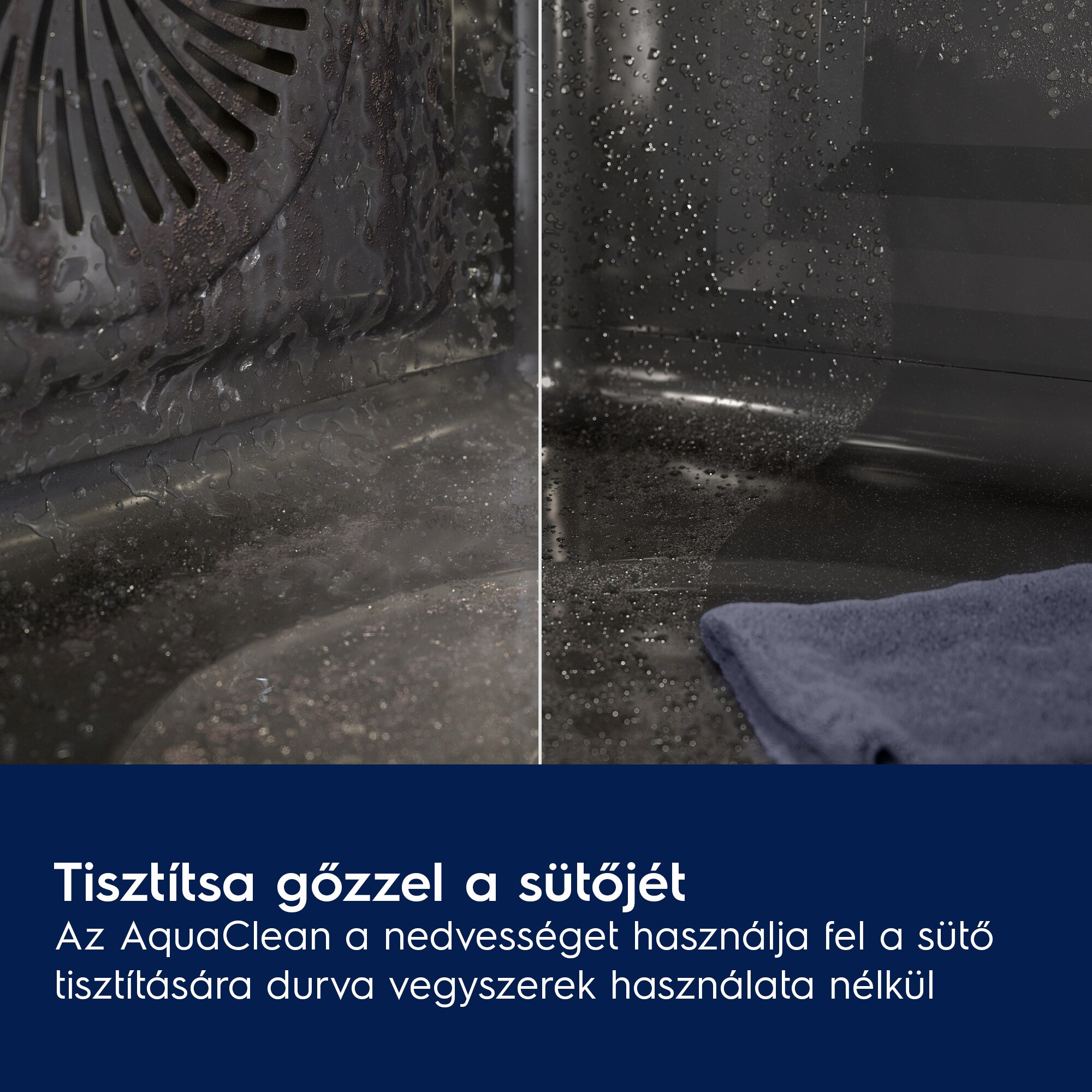 Sütő belseje vízzel permetezve, elöl egy törlőkendő.