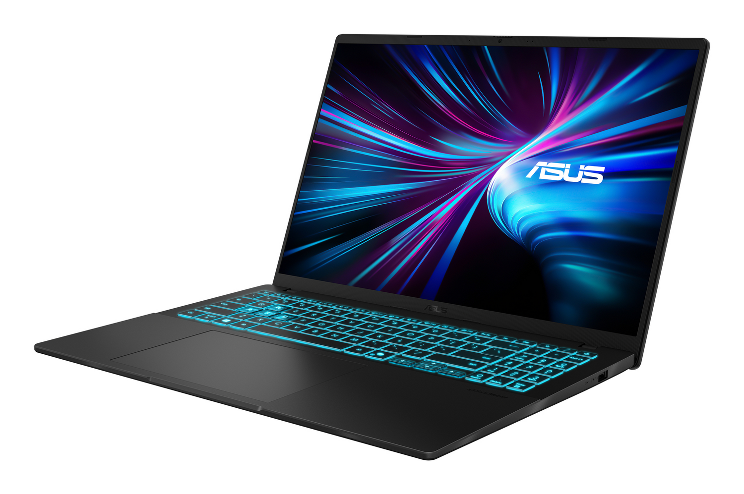 Portátil Asus negro con teclado azul iluminado y fondo de pantalla dinámico.