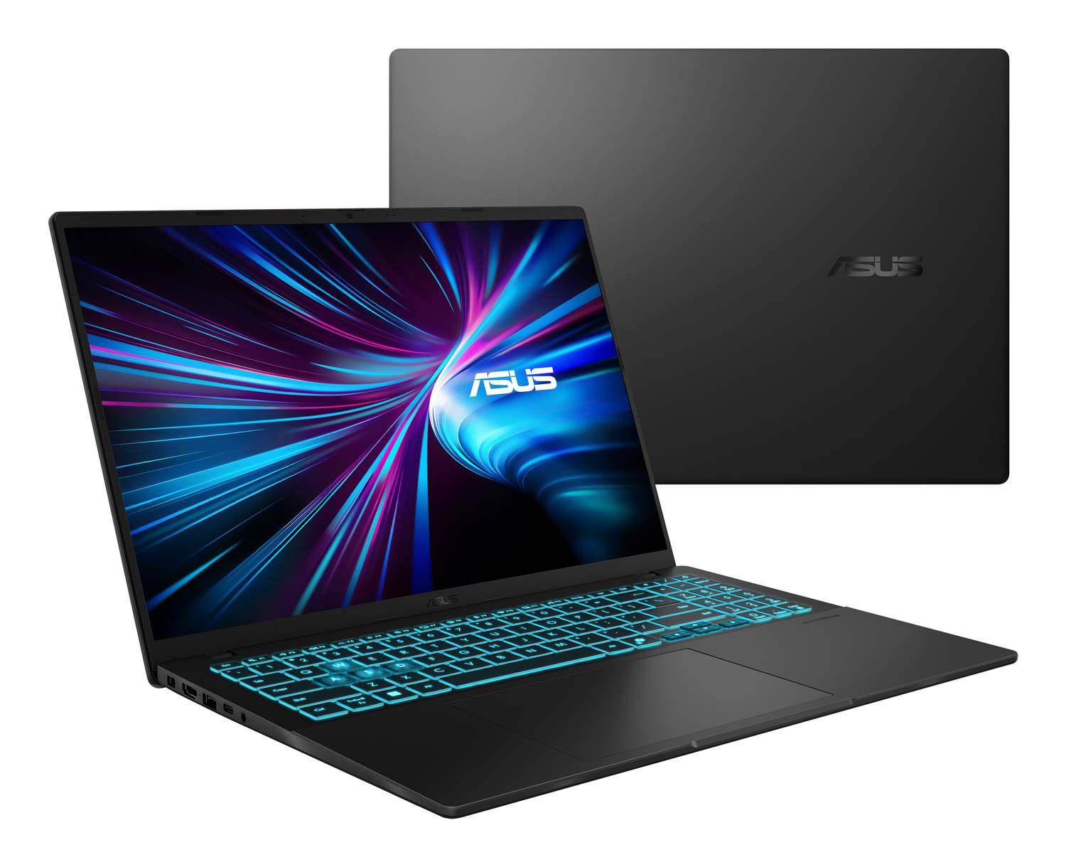 Portátil Asus negro con teclado retroiluminado y fondo de pantalla dinámico.
