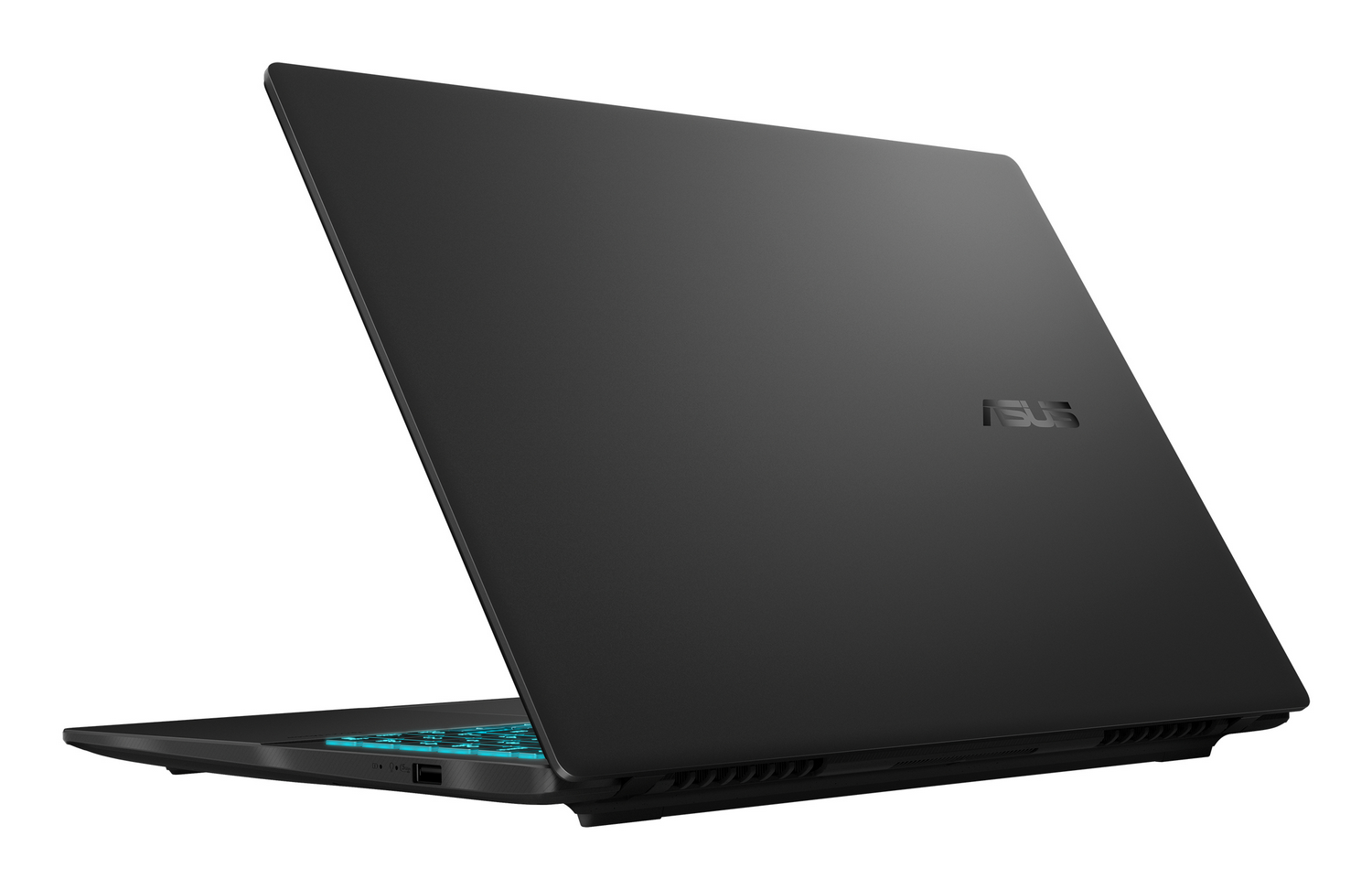 Portátil negro con teclado azul iluminado, logo ASUS en la tapa.