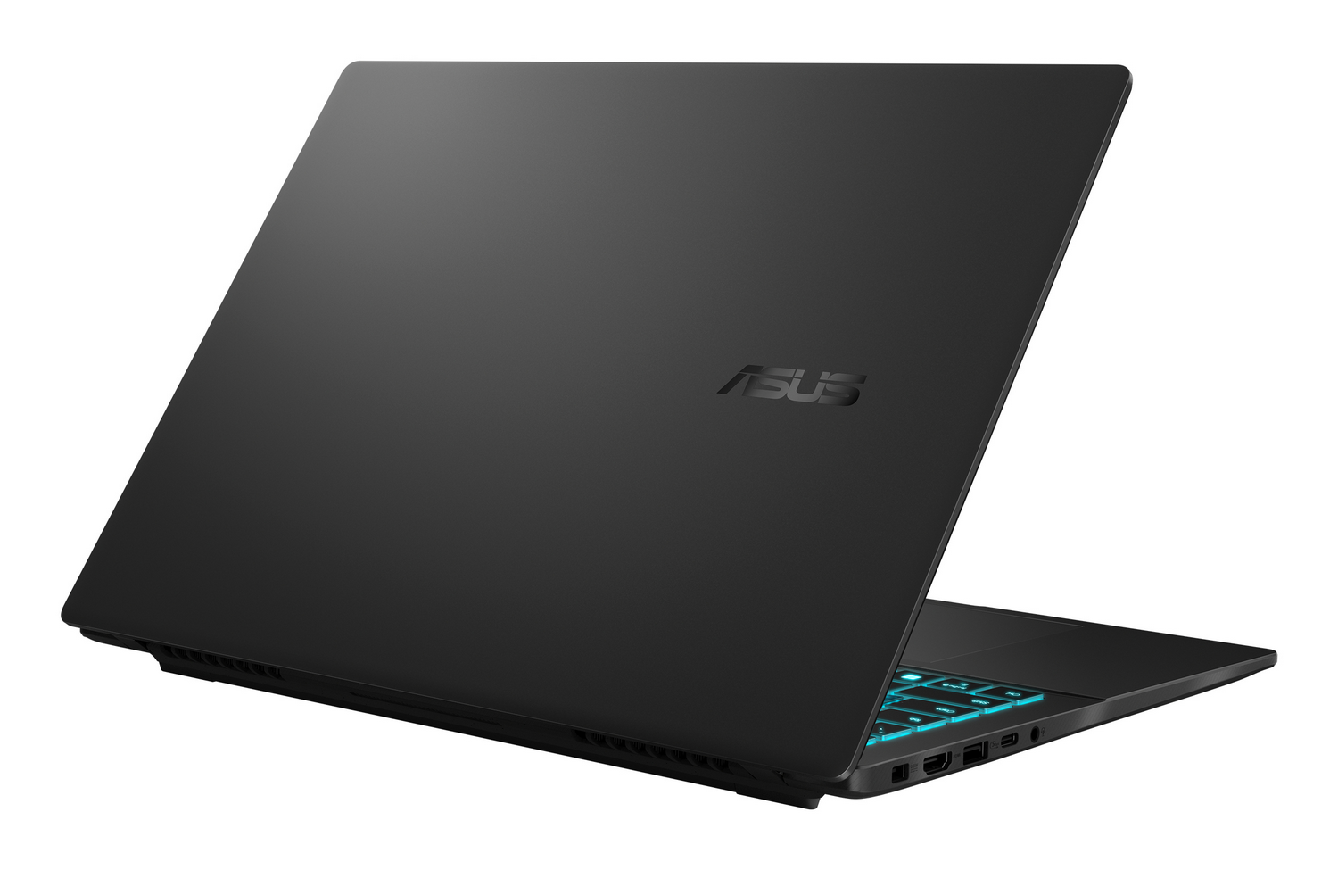 Portátil negro con teclado iluminado y logo de ASUS.