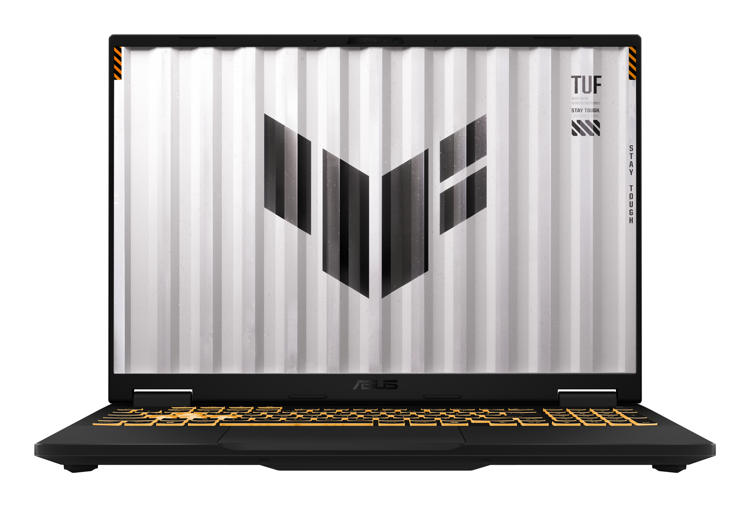 Un portátil negro con teclado amarillo retroiluminado y logo TUF en pantalla.