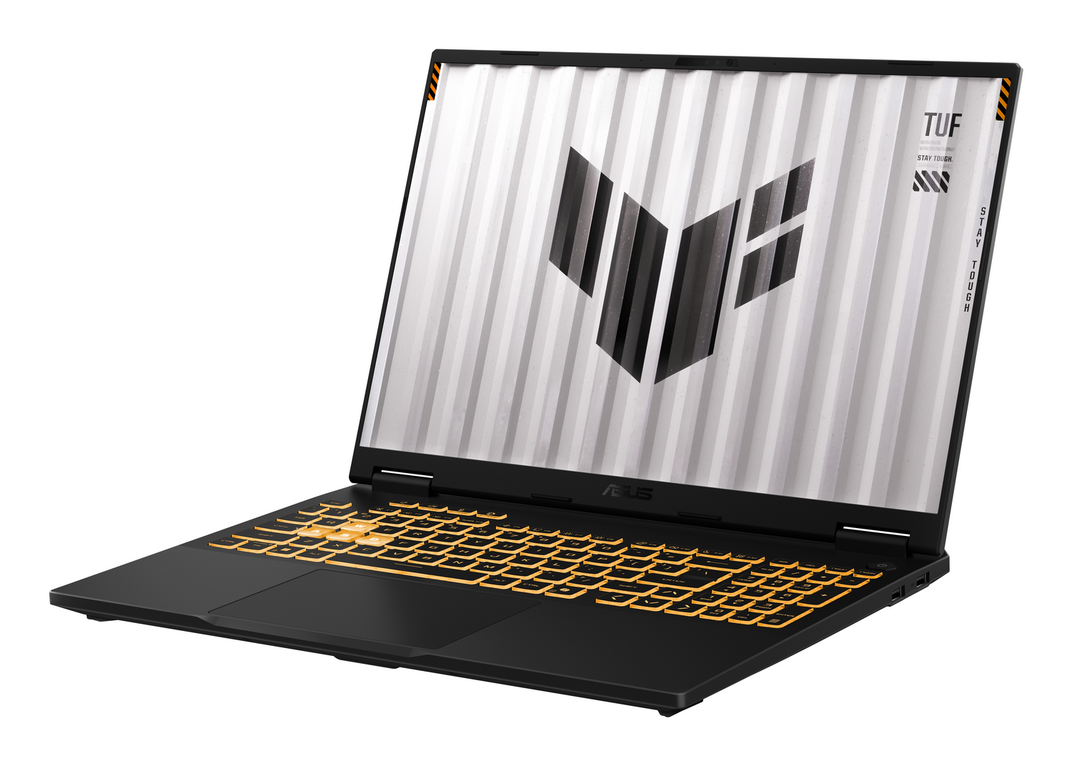 Un portátil negro con teclado amarillo iluminado y logo TUF en la pantalla.