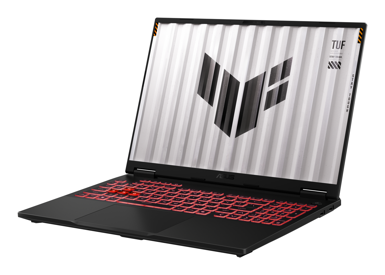 Un portátil ASUS TUF negro con teclado retroiluminado rojo está abierto, mostrando su logo.