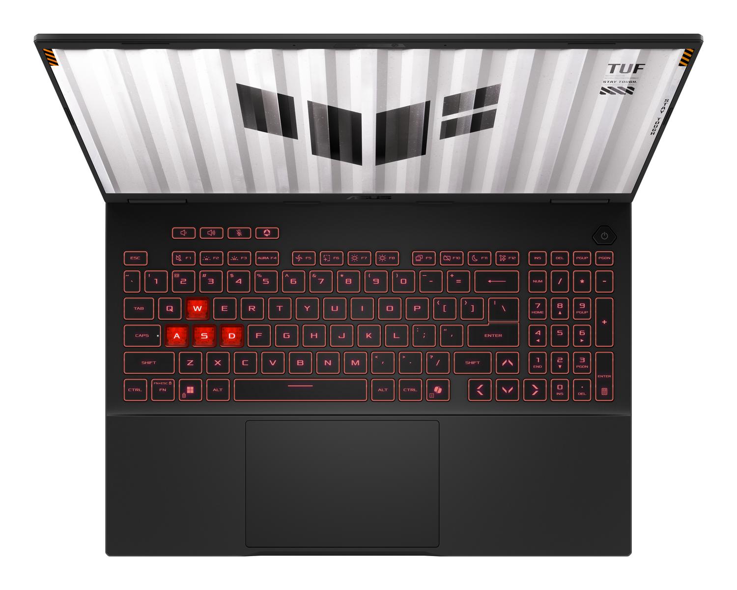 Un portátil negro abierto con teclado iluminado y logo TUF en pantalla.