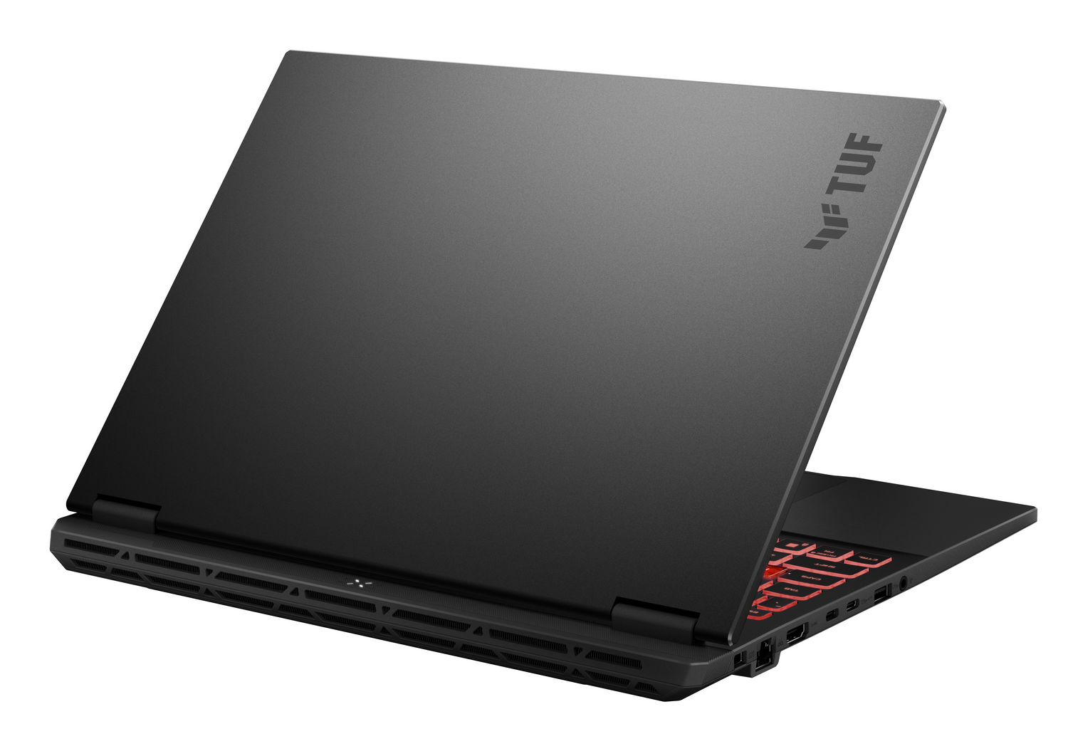 Portátil negro con teclado rojo iluminado, logo TUF en la tapa.
