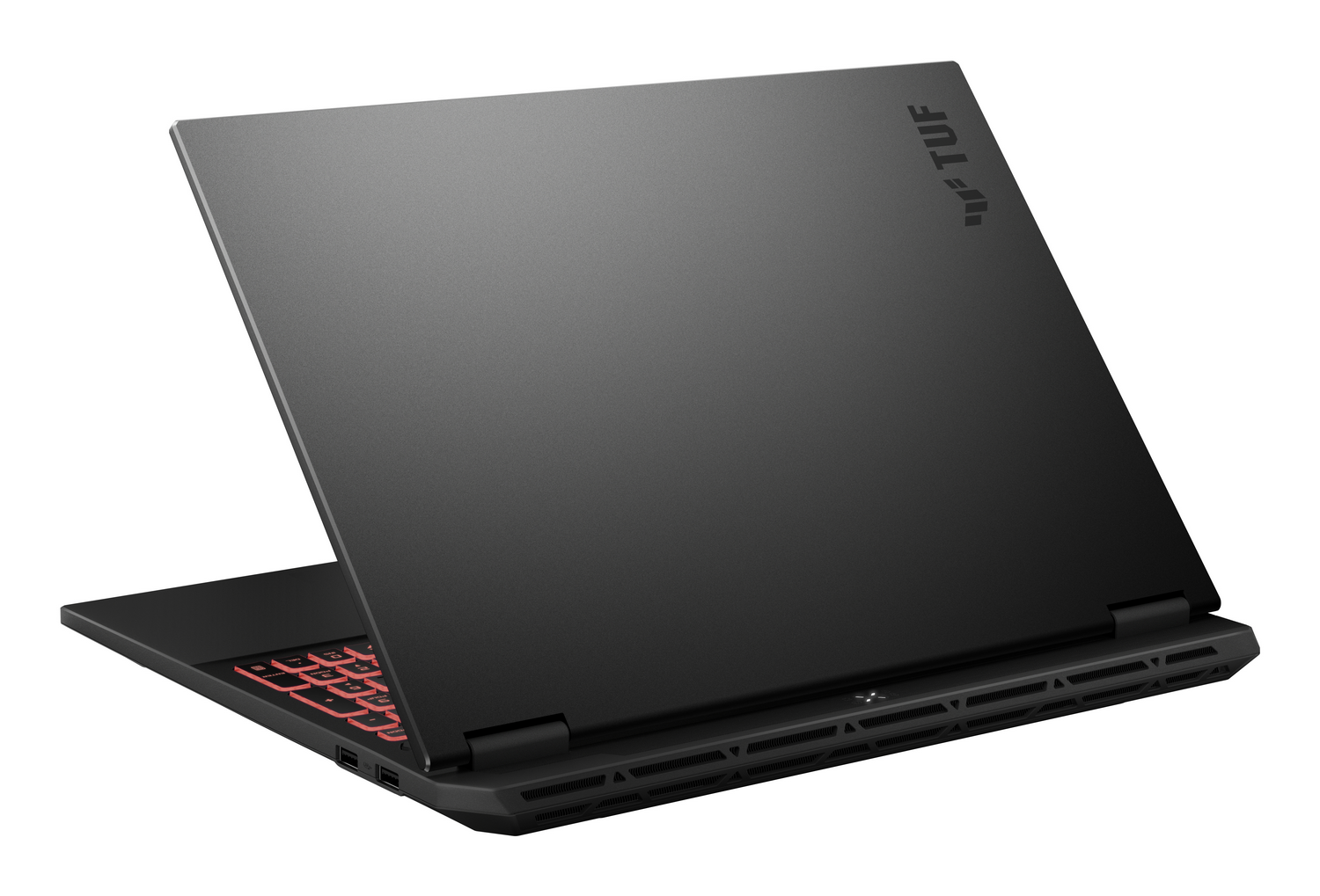 Portátil negro con teclado rojo iluminado, logo TUF en la tapa.