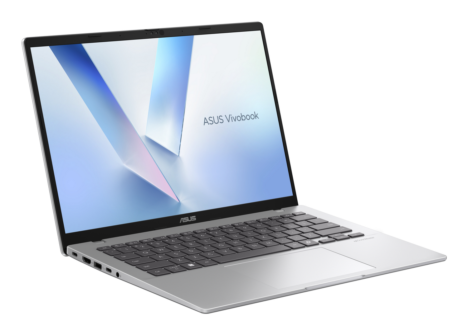Un portátil ASUS Vivobook plateado con teclado retroiluminado y fondo de pantalla moderno.