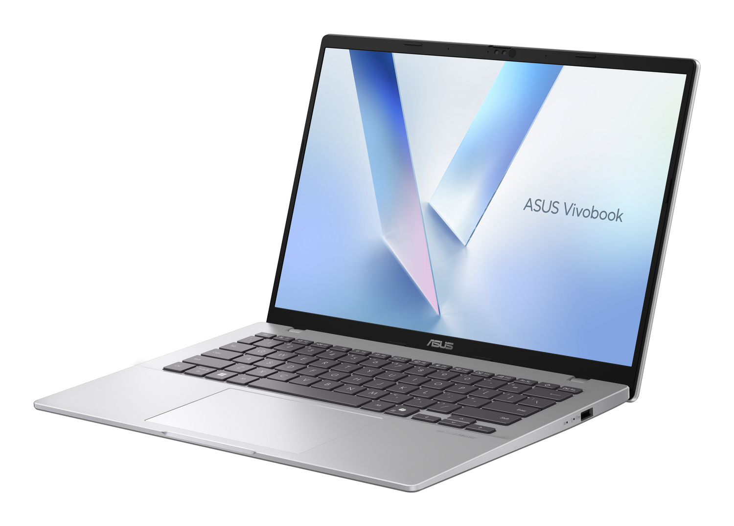 Un portátil Asus Vivobook plateado con teclado retroiluminado, sobre fondo blanco.