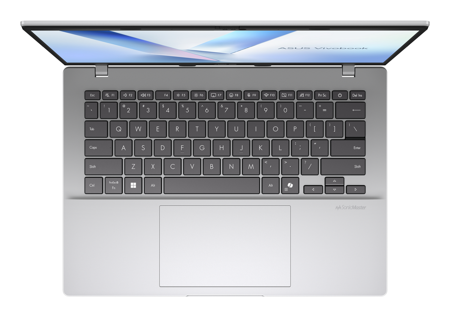 Un portátil plateado abierto que muestra el teclado y el panel táctil.