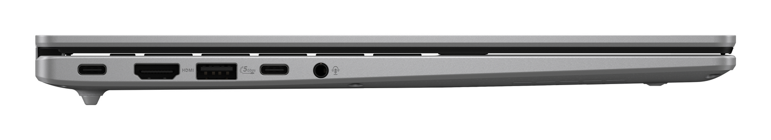 Portátil plateado con puertos HDMI, USB-A, USB-C y conector de auriculares.